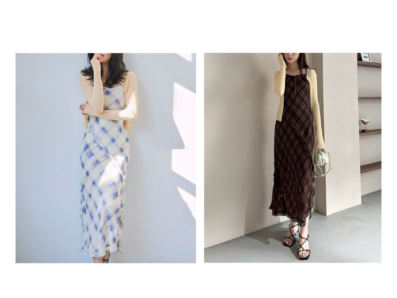 【FRAY I.D/フレイ アイディー】斜めラッフルが揺れる、涼やかなシフォン素材の華やかワンピース おすすめ人気トレンドファッション通販アイテム インテリア・キッズ・メンズ・レディースファッション・服の通販 founy(ファニー) 　ファッション　Fashion　レディースファッション　WOMEN　ワンピース　Dress　キャミワンピース　No Sleeve Dresses　インナー　Inner　キャミソール　Camisole　シフォン　Chiffon　ストレート　Straight　スリット　Slit　チェック　Check　フェミニン　Feminine　プリント　Print　ラッフル　Raffle　エレガント 上品　Elegant　夏　Summer　無地　Plain Color　秋　Autumn/Fall　|ID:crp329100000219094