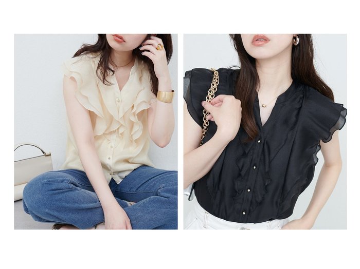 【natural couture/ナチュラルクチュール】ラッフルスリーブで華やかに魅せる、キーネックデザインブラウス おすすめ人気トレンドファッション通販アイテム 人気、トレンドファッション・服の通販 founy(ファニー) 　ファッション　Fashion　レディースファッション　WOMEN　トップス・カットソー　Tops/Tshirt　シャツ/ブラウス　Shirts/Blouses　2025年　2025　2025春夏・S/S　Ss,Spring/Summer,2025　イエロー　Yellow　デニム　Denim　トレンド　Trend　フリル　Frills　フレア　Flare　ワイド　Wide　エレガント 上品　Elegant　|ID:crp329100000219097