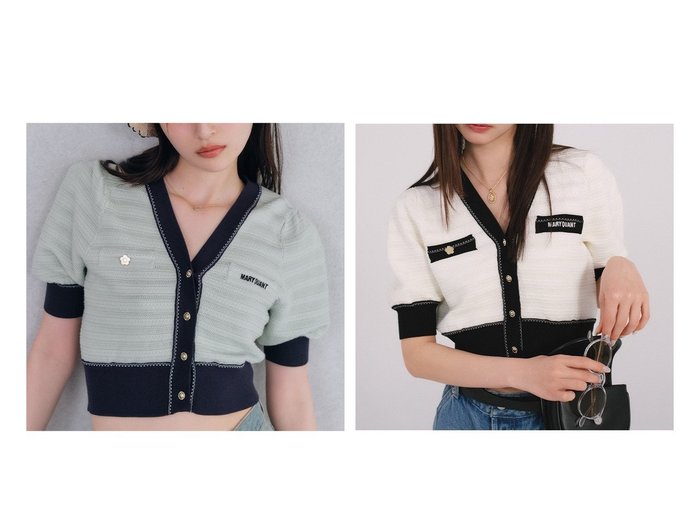 【Lily Brown/リリーブラウン】クラシカルな気品漂う ハーフスリーブ透かし編みニットカーディガン【LILY BROWN×MARY QUANTコラボ】 おすすめ人気トレンドファッション通販アイテム 人気、トレンドファッション・服の通販 founy(ファニー) 　ファッション　Fashion　レディースファッション　WOMEN　トップス・カットソー　Tops/Tshirt　ニット　Knit Tops　クラシカル　Classical　スカラップ　Scalloped　スリーブ　Sleeve　透かし　Watermark　ボーダー　Border　リゾート　Resort　おすすめ　Recommend　エレガント 上品　Elegant　|ID:crp329100000219135