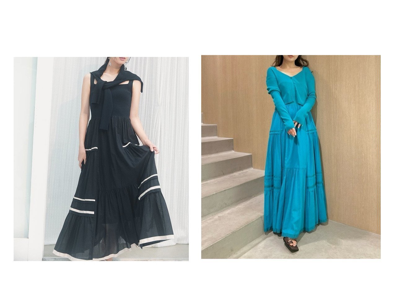 【FRAY I.D/フレイ アイディー】上品ニットとふんわりティアードスカートが一体に 夏を彩る大人のコンビワンピース おすすめ人気トレンドファッション通販アイテム インテリア・キッズ・メンズ・レディースファッション・服の通販 founy(ファニー) 　ファッション　Fashion　レディースファッション　Ladies' Fashion Online　ワンピース　Dress　おすすめ　Recommend　ウォッシャブル　Washable　カッティング　Cutting　クロップド　Cropped　コンビ　Combination　ジャケット　Jacket　セットアップ　Set Up　タンク　Tank　ティアードスカート　Tiered Skirt　デコルテ　Decolletage　夏　Summer　|ID:crp329100000219303