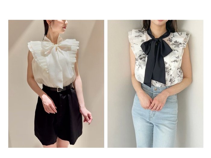 【SNIDEL/スナイデル】華やかさと上品さを兼ね備えた エアリーなボウタイリボンシアーノースリーブブラウス おすすめ人気トレンドファッション通販アイテム インテリア・キッズ・メンズ・レディースファッション・服の通販 founy(ファニー) https://founy.com/ ファッション Fashion レディースファッション Ladies' Fashion Online トップス・カットソー Tops/Tshirt シャツ/ブラウス Shirts/Blouses インナー Inner ウェーブ Wave エアリー Airy エレガント 上品 Elegant オーガンジー Organdy クラシカル Classical シアー Sheer ストレート Straight フラワー Flower フリル Frills プリント Print プリーツ Pleats 無地 Plain Color リボン Ribbon おすすめ Recommend |ID:crp329100000219491