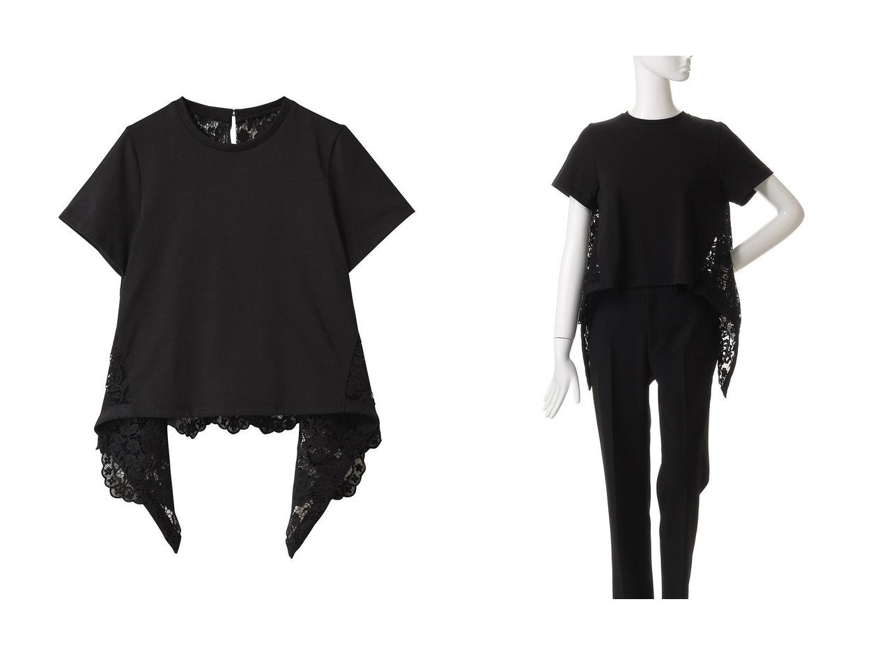 【allureville/アルアバイル】視線を惹きつける バックレース×イレギュラーヘムカットソー おすすめ人気トレンドファッション通販アイテム インテリア・キッズ・メンズ・レディースファッション・服の通販 founy(ファニー) 　ファッション　Fashion　レディースファッション　Fashion for Women　トップス・カットソー　Cut & Sew Tops　シャツ・ブラウス・オフィスカジュアル　Elegant Blouses & Button-Ups　ロングTシャツ・Tシャツ　Longline T-Shirts & Tees　カットソー・ベーシックTシャツ　Cut-and-Sewn Tops / Stretch Tees & Basics　イレギュラー　Irregular Design　ショート　Short, Short Length　スリーブ　Sleeve, Long Sleeve / Short Sleeve　ドッキング　Docking, Mixed Material　フラワー　Flower, Floral　フロント　Front, Front Design　レース　Lace, Lace Fabric　新作・新入荷　New Arrivals / New In　ブラック系　Black　|ID:crp329100000219963
