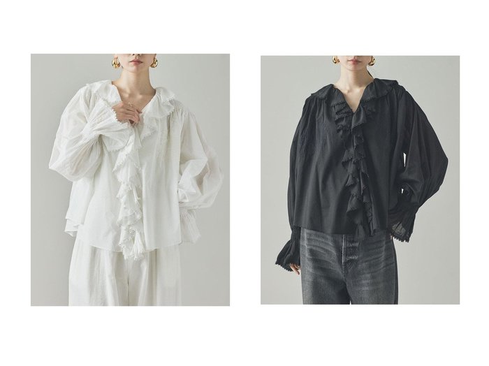 【Curensology/カレンソロジー】ぜいたくなディテールが魅力、華やぎフリルブラウス おすすめ人気トレンドファッション通販アイテム 人気、トレンドファッション・服の通販 founy(ファニー) 　ファッション　Fashion　レディースファッション　Fashion for Women　トップス・カットソー　Cut & Sew Tops　シャツ・ブラウス・オフィスカジュアル　Elegant Blouses & Button-Ups　アンティーク　Antique-Inspired　ギャザー　Gathered, Ruffled　シャーリング　Shirring, Ruched　スリーブ　Sleeve, Long Sleeve / Short Sleeve　ハンド　Hand, Handmade　フェミニン　Feminine, Girly　フリル　Frill, Ruffle　フロント　Front, Front Design　レース　Lace, Lace Fabric　ロング　Long, Long-Length　新作・新入荷　New Arrivals / New In　|ID:crp329100000220032