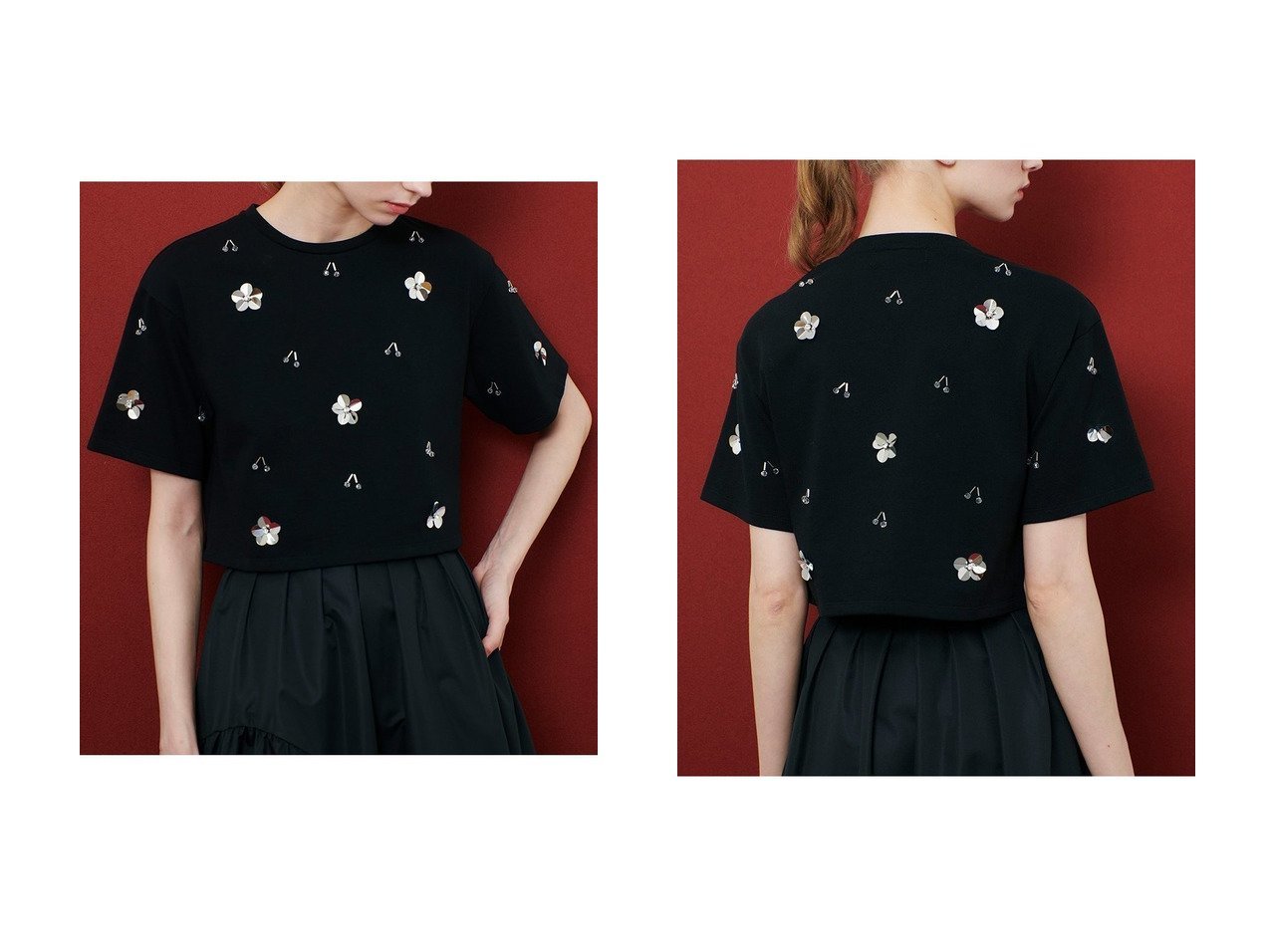【allureville/アルアバイル】サクランボモチーフがきらめく華やかビジューTシャツ おすすめ人気トレンドファッション通販アイテム インテリア・キッズ・メンズ・レディースファッション・服の通販 founy(ファニー) 　ファッション　Fashion　レディースファッション　Fashion for Women　トップス・カットソー　Cut & Sew Tops　シャツ・ブラウス・オフィスカジュアル　Elegant Blouses & Button-Ups　ロングTシャツ・Tシャツ　Longline T-Shirts & Tees　カットソー・ベーシックTシャツ　Cut-and-Sewn Tops / Stretch Tees & Basics　ショート　Short, Short Length　スパンコール　Sequins, Sequin Embellishment　スリーブ　Sleeve, Long Sleeve / Short Sleeve　ドロップ　Drop Shoulder, Dropped Style　ビジュー　Bijou, Jewel-like Accent　新作・新入荷　New Arrivals / New In　ブラック系　Black　|ID:crp329100000220094
