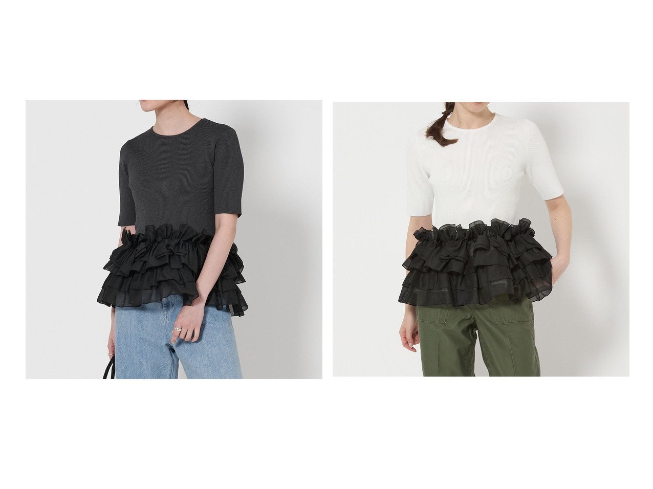 【UNITED ARROWS/ユナイテッドアローズ】異素材リボンが映える、五分袖リブデザインニット おすすめ人気トレンドファッション通販アイテム インテリア・キッズ・メンズ・レディースファッション・服の通販 founy(ファニー) 　ファッション　Fashion　レディースファッション　Fashion for Women　トップス・カットソー　Cut & Sew Tops　ニット　Knit Tops & Sweaters　ギャザー　Gathered, Ruffled　シアー　Sheer, See-Through　シンプル　Simple, Minimal　スリム　Slim, Slim Fit　デニム　Denim, Jeans Material　バランス　Balance, Style Balance　ペプラム　Peplum, Flared Hem　リブニット　Rib Knit, Ribbed Knit　リボン　Ribbon, Bow　グレー系　Gray　ホワイト系　White　ブラック系　Black　|ID:crp329100000220120