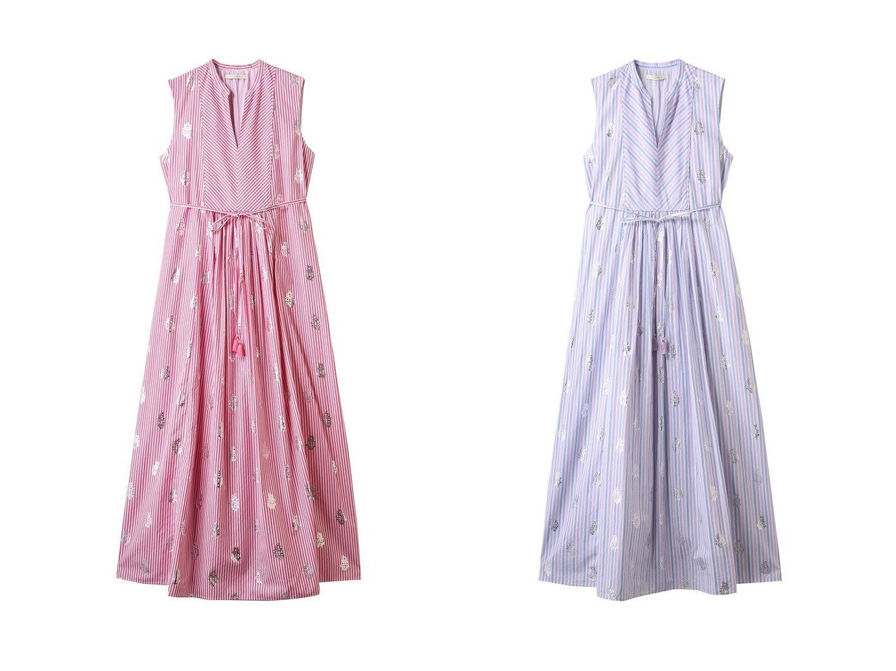【NE QUITTEZ PAS/ヌキテパ】のCOTTON POPLIN STRIPE ホイル プリント ノースリーブ ドレス おすすめ人気トレンドファッション通販アイテム インテリア・キッズ・メンズ・レディースファッション・服の通販 founy(ファニー) 　ファッション　Fashion　レディースファッション　Fashion for Women　ワンピース　Dresses　フォーマル・パーティードレス・結婚式用ドレス　Elegant & Casual Dresses　チュニック　Tunic Tops & Dresses　2025年　2025　2025-2026秋冬・A/W　Autumn/Winter 2025–26 AW25–26　ギャザー　Gathered, Ruffled　ストライプ　Stripe, Striped Pattern　チュニック　Tunic, Long Top　ドレス　Dress, One-Piece　ノースリーブ　Sleeveless, No-Sleeve　プリント　Print, Printed Pattern　ロング　Long, Long-Length　A/W・秋冬　Autumn/Winter　レッド系　Red　|ID:crp329100000220326