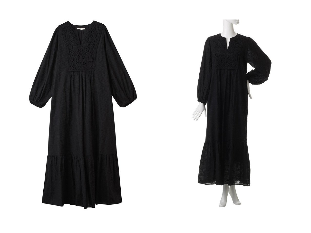 【NE QUITTEZ PAS/ヌキテパ】のCOTTON ジャカード レース ヨーク ドレス おすすめ人気トレンドファッション通販アイテム インテリア・キッズ・メンズ・レディースファッション・服の通販 founy(ファニー) 　ファッション　Fashion　レディースファッション　Fashion for Women　ワンピース　Dresses　フォーマル・パーティードレス・結婚式用ドレス　Elegant & Casual Dresses　チュニック　Tunic Tops & Dresses　2025年　2025　2025-2026秋冬・A/W　Autumn/Winter 2025–26 AW25–26　サンダル　Sandals, Summer Shoes　シューズ　Shoes, Footwear　ジャカード／ジャガード　Jacquard, Woven Pattern　スリット　Slit, Slit Detail　チュニック　Tunic, Long Top　ドレス　Dress, One-Piece　パーティ　Party, Party Style　フラット　Flat, Flat Shoes　ヨーク　Yoke, Yoke Design　リラックス　Relax, Relaxed Fit　レース　Lace, Lace Fabric　ロング　Long, Long-Length　エレガント 上品　Elegant　A/W・秋冬　Autumn/Winter　ブラック系　Black　|ID:crp329100000220327