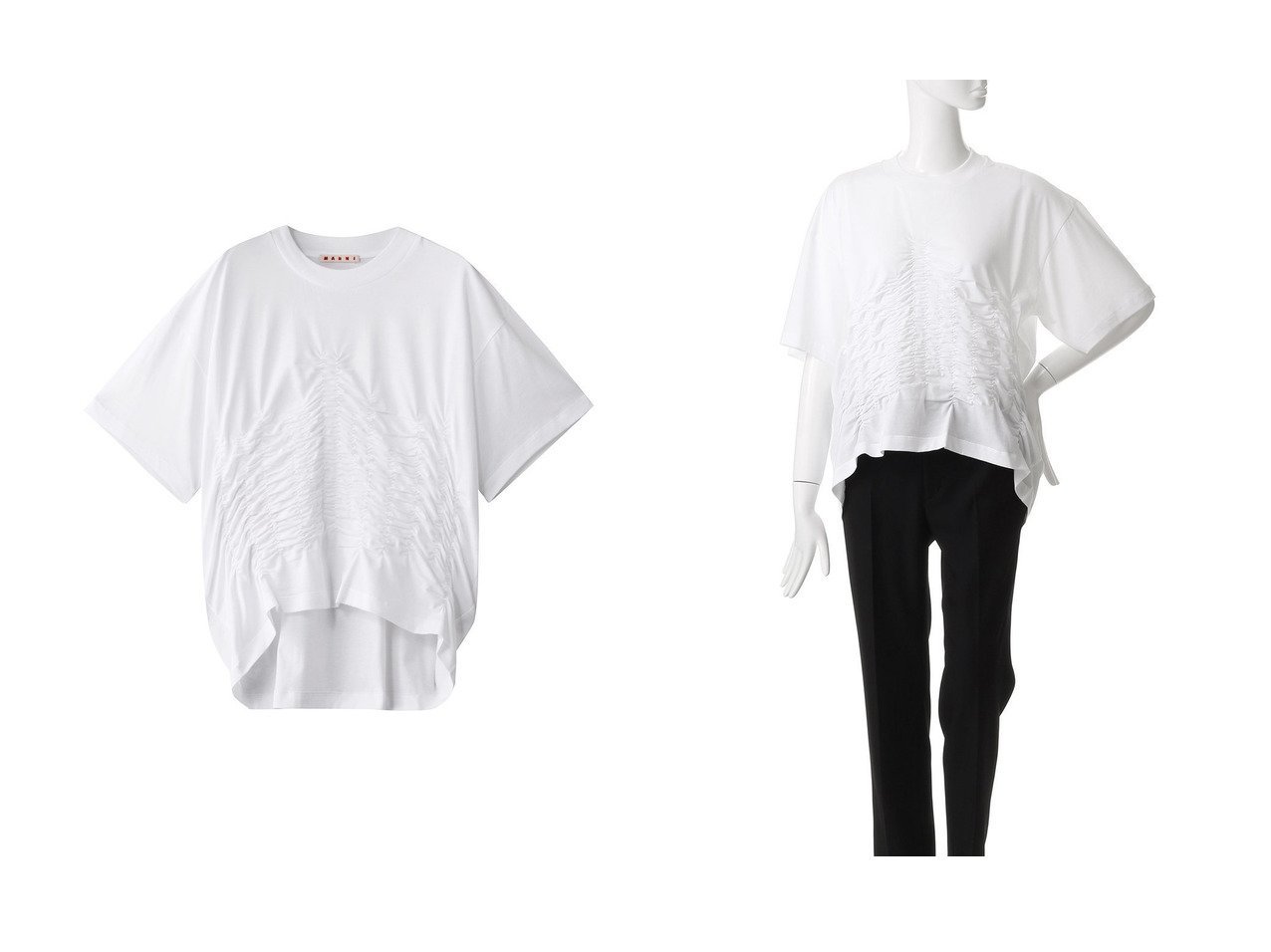 【MARNI/マルニ】のオーガニックコットンシャーリングTシャツ おすすめ人気トレンドファッション通販アイテム インテリア・キッズ・メンズ・レディースファッション・服の通販 founy(ファニー) 　ファッション　Fashion　レディースファッション　Fashion for Women　トップス・カットソー　Cut & Sew Tops　シャツ・ブラウス・オフィスカジュアル　Elegant Blouses & Button-Ups　ロングTシャツ・Tシャツ　Longline T-Shirts & Tees　カットソー・ベーシックTシャツ　Cut-and-Sewn Tops / Stretch Tees & Basics　2025年　2025　2025-2026秋冬・A/W　Autumn/Winter 2025–26 AW25–26　シャーリング　Shirring, Ruched　ショート　Short, Short Length　スリーブ　Sleeve, Long Sleeve / Short Sleeve　フロント　Front, Front Design　ワイド　Wide, Wide Fit　定番　Standard, Basic Item　無地　Plain, Solid Color　A/W・秋冬　Autumn/Winter　ホワイト系　White　|ID:crp329100000220406