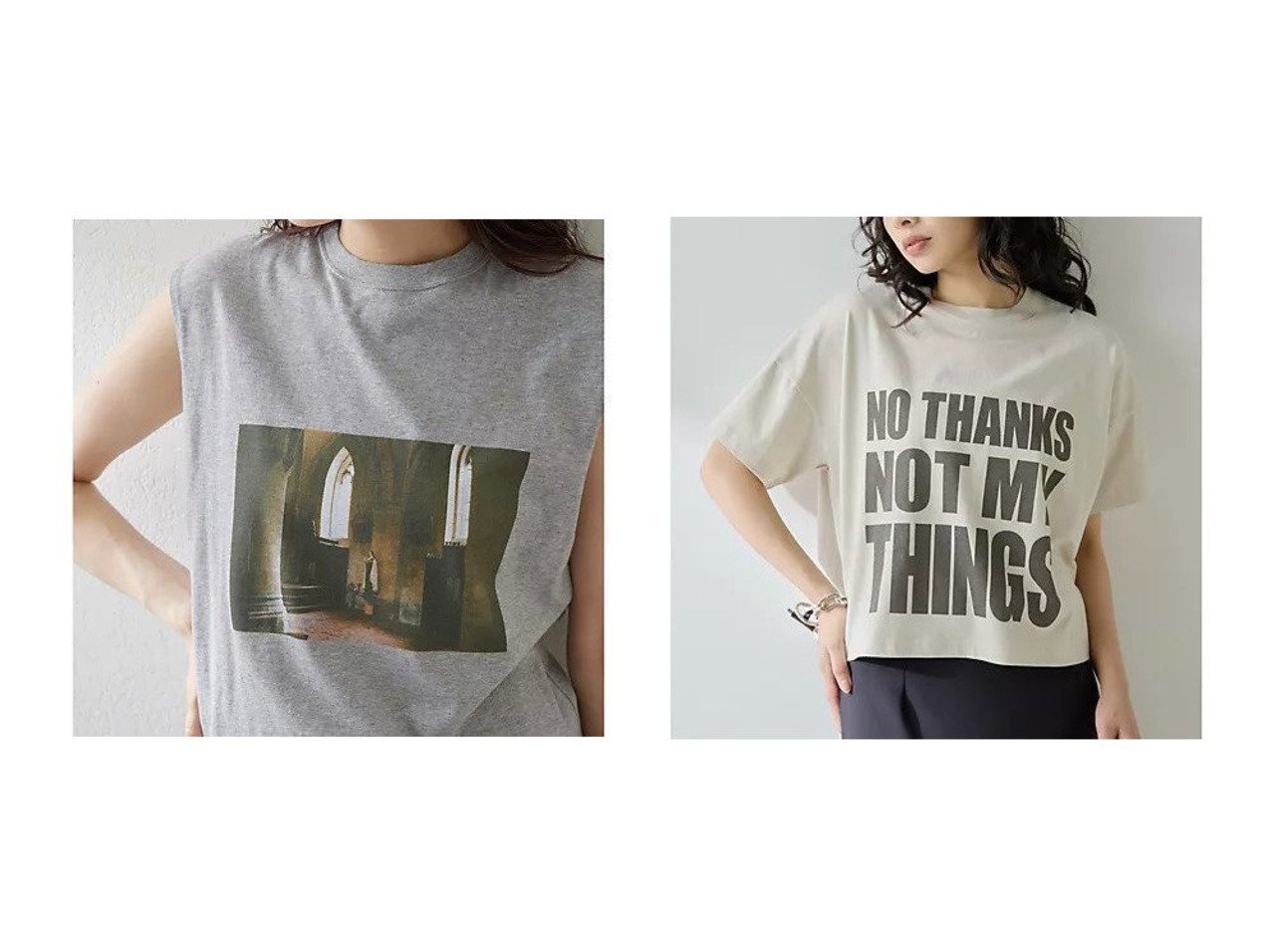 【Whim Gazette/ウィムガゼット】のNO THANKS ロゴTシャツ&フォトノースリーブTシャツ おすすめ人気トレンドファッション通販アイテム インテリア・キッズ・メンズ・レディースファッション・服の通販 founy(ファニー) 　ファッション　Fashion　レディースファッション　Fashion for Women　トップス・カットソー　Cut & Sew Tops　キャミソール&ノースリーブ　Camisoles & Sleeveless Tops　シャツ・ブラウス・オフィスカジュアル　Elegant Blouses & Button-Ups　ロングTシャツ・Tシャツ　Longline T-Shirts & Tees　2025年　2025　2025春夏・S/S　Spring/Summer 2025 SS25　おすすめ　Recommended / Our Picks　インナー　Innerwear　カーディガン　Cardigan, Knitwear　ジャケット　Jacket, Outerwear　ストレッチ　Stretch, Stretchy Fabric　ノースリーブ　Sleeveless, No-Sleeve　フロント　Front, Front Design　プリント　Print, Printed Pattern　ベーシック　Basic, Essential　ロング　Long, Long-Length　グレー系　Gray　ホワイト系　White　|ID:crp329100000220671