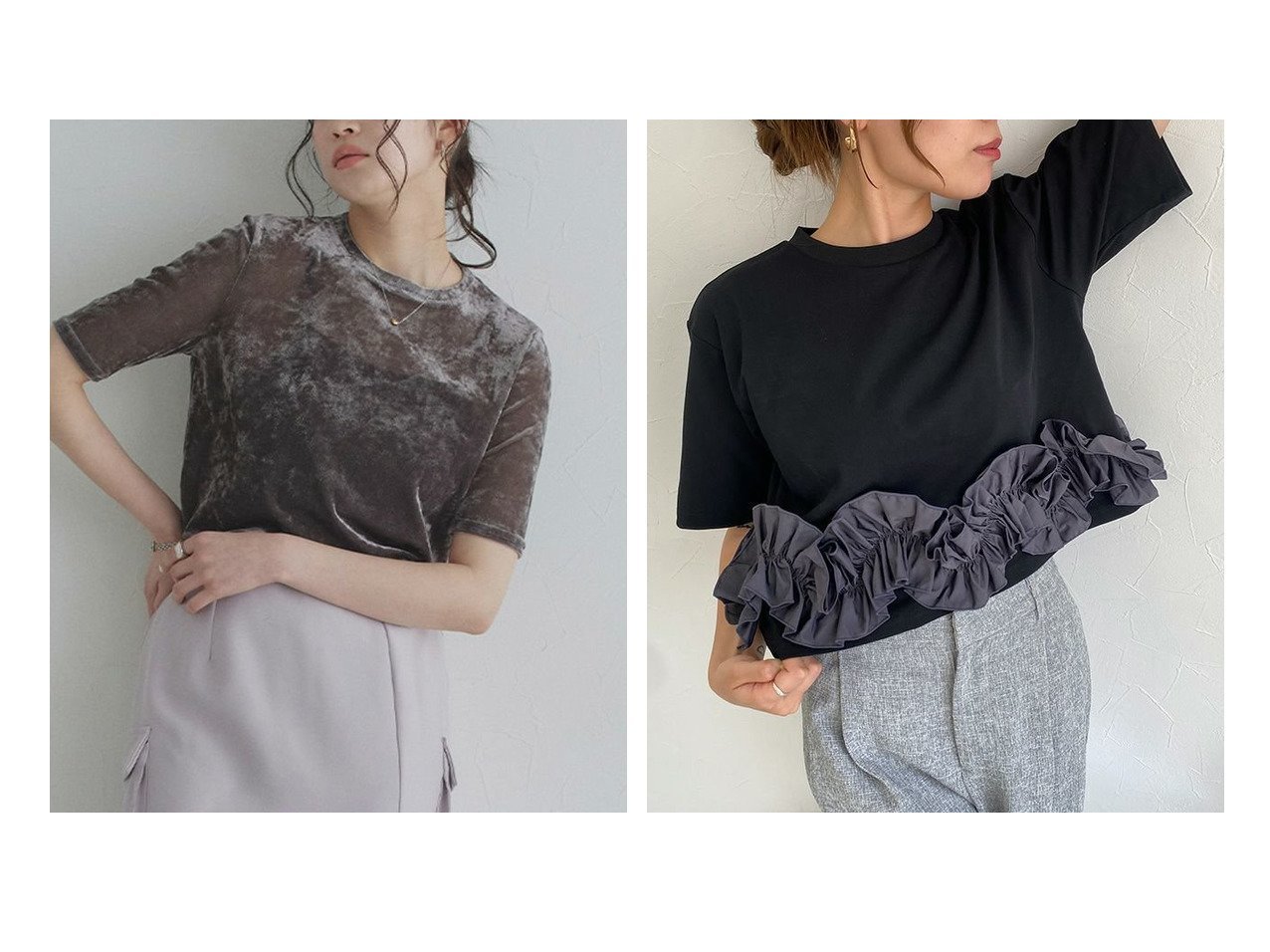 【Pierrot/ピエロ】のECLAM シアーベロアカットソー&ECLAM フリルドッキングトップス おすすめ人気トレンドファッション通販アイテム インテリア・キッズ・メンズ・レディースファッション・服の通販 founy(ファニー) 　ファッション　Fashion　レディースファッション　Fashion for Women　トップス・カットソー　Cut & Sew Tops　カットソー・ベーシックTシャツ　Cut-and-Sewn Tops / Stretch Tees & Basics　ベロアトップス　Velour Tops / Velvet-Look Items　2025年　2025　2025春夏・S/S　Spring/Summer 2025 SS25　デニム　Denim, Jeans Material　プチプライス・低価格　Affordable / Budget Price　ベーシック　Basic, Essential　ワイド　Wide, Wide Fit　カットソー　Cut and Sewn Top　クロップド　Cropped, Short Length　シンプル　Simple, Minimal　トレンド　Trend, Trending Now　フリル　Frill, Ruffle　夏　Summer　グレー系　Gray　イエロー系　Yellow　|ID:crp329100000220723