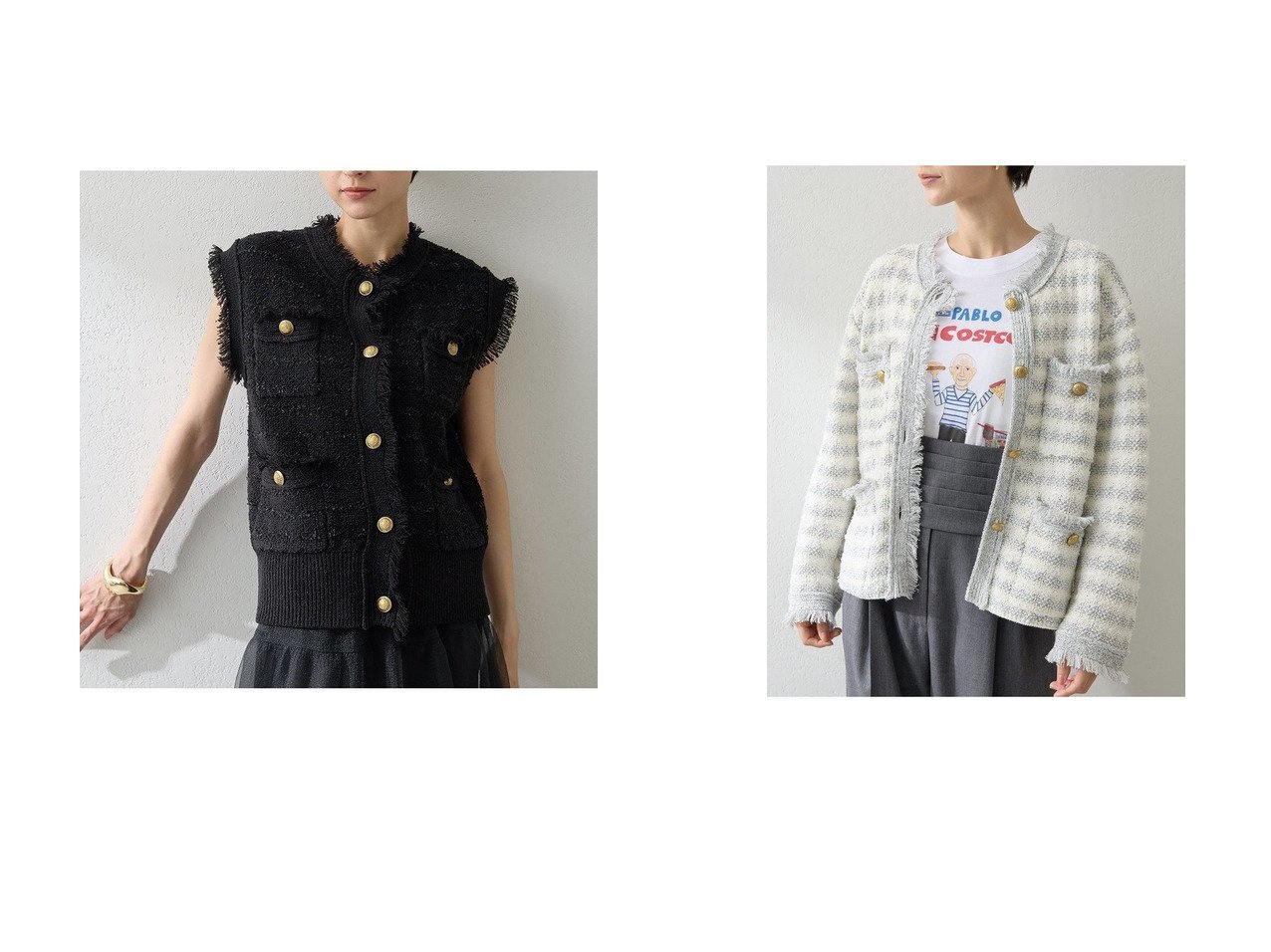 【Whim Gazette/ウィムガゼット】のツィードニットジャケット&ツィードニットジレ おすすめ人気トレンドファッション通販アイテム インテリア・キッズ・メンズ・レディースファッション・服の通販 founy(ファニー) 　ファッション　Fashion　レディースファッション　Fashion for Women　アウター　Coat / Outerwear Collection　レディースジャケット・軽アウター　Jackets　2025年　2025　2025-2026秋冬・A/W　Autumn/Winter 2025–26 AW25–26　クラシカル　Classical, Vintage-Inspired　クラシック　Classic, Timeless Style　ジャケット　Jacket, Outerwear　ツイード　Twill, Twill Weave　ベスト　Vest, Waistcoat　ミックス　Mix, Mixed Style　モダン　Modern, Contemporary　ラグジュアリー　Luxury, Elegant　A/W・秋冬　Autumn/Winter　ブラック系　Black　グレー系　Gray　|ID:crp329100000220746