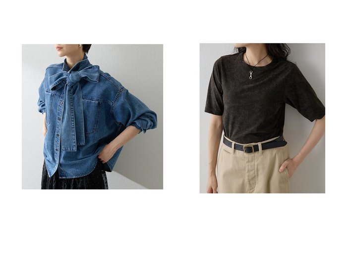 【Whim Gazette/ウィムガゼット】のトリアセベロアTEE&デニムボウタイシャツ おすすめ人気トレンドファッション通販アイテム 人気、トレンドファッション・服の通販 founy(ファニー) ファッション Fashion レディースファッション Fashion for Women トップス・カットソー Cut & Sew Tops シャツ・ブラウス・オフィスカジュアル Elegant Blouses & Button-Ups ロングTシャツ・Tシャツ Longline T-Shirts & Tees カットソー・ベーシックTシャツ Cut-and-Sewn Tops / Stretch Tees & Basics ベロアトップス Velour Tops / Velvet-Look Items シンプル Simple, Minimal スリーブ Sleeve, Long Sleeve / Short Sleeve セットアップ Set-Up, Coordinated Outfit デニム Denim, Jeans Material ドレープ Drape, Draping Fabric バランス Balance, Style Balance フェミニン Feminine, Girly ブリーチ Bleach, Washed Finish ロング Long, Long-Length A/W・秋冬 Autumn/Winter おすすめ Recommended / Our Picks 2025年 2025 2025-2026秋冬・A/W Autumn/Winter 2025–26 AW25–26 カットソー Cut and Sewn Top コンパクト Compact, Small Size ショート Short, Short Length ストレッチ Stretch, Stretchy Fabric ベロア Velour, Soft Velvet ボトム Bottoms, Lower Wear エレガント 上品 Elegant |ID:crp329100000220748
