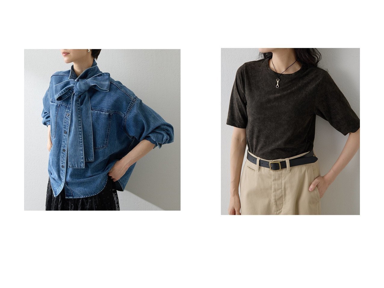 【Whim Gazette/ウィムガゼット】のトリアセベロアTEE&デニムボウタイシャツ おすすめ人気トレンドファッション通販アイテム インテリア・キッズ・メンズ・レディースファッション・服の通販 founy(ファニー) 　ファッション　Fashion　レディースファッション　Fashion for Women　トップス・カットソー　Cut & Sew Tops　シャツ・ブラウス・オフィスカジュアル　Elegant Blouses & Button-Ups　ロングTシャツ・Tシャツ　Longline T-Shirts & Tees　カットソー・ベーシックTシャツ　Cut-and-Sewn Tops / Stretch Tees & Basics　ベロアトップス　Velour Tops / Velvet-Look Items　シンプル　Simple, Minimal　スリーブ　Sleeve, Long Sleeve / Short Sleeve　セットアップ　Set-Up, Coordinated Outfit　デニム　Denim, Jeans Material　ドレープ　Drape, Draping Fabric　バランス　Balance, Style Balance　フェミニン　Feminine, Girly　ブリーチ　Bleach, Washed Finish　ロング　Long, Long-Length　A/W・秋冬　Autumn/Winter　おすすめ　Recommended / Our Picks　2025年　2025　2025-2026秋冬・A/W　Autumn/Winter 2025–26 AW25–26　カットソー　Cut and Sewn Top　コンパクト　Compact, Small Size　ショート　Short, Short Length　ストレッチ　Stretch, Stretchy Fabric　ベロア　Velour, Soft Velvet　ボトム　Bottoms, Lower Wear　エレガント 上品　Elegant　ブラウン系　Brown　ブルー系　Blue　レッド系　Red　イエロー系　Yellow　グレー系　Gray　|ID:crp329100000220748