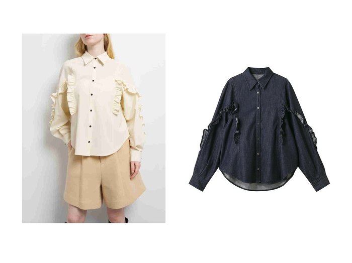 【LANVIN en Bleu/ランバン オン ブルー】のデニムフリルブラウス おすすめ人気トレンドファッション通販アイテム 人気、トレンドファッション・服の通販 founy(ファニー) 　ファッション　Fashion　レディースファッション　Fashion for Women　トップス・カットソー　Cut & Sew Tops　シャツ・ブラウス・オフィスカジュアル　Elegant Blouses & Button-Ups　ストレッチ　Stretch, Stretchy Fabric　スリーブ　Sleeve, Long Sleeve / Short Sleeve　デニム　Denim, Jeans Material　ファブリック　Fabric, Textile　フリル　Frill, Ruffle　ベーシック　Basic, Essential　ロング　Long, Long-Length　A/W・秋冬　Autumn/Winter　2025年　2025　2025-2026秋冬・A/W　Autumn/Winter 2025–26 AW25–26　|ID:crp329100000221109