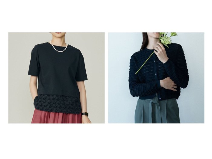 【JIYU-KU/自由区】の【洗える】ジャカードコンビジャージー カットソー&【カトリエムブーケ】Texture cardigan フリルショートカーディガン おすすめ人気トレンドファッション通販アイテム 人気、トレンドファッション・服の通販 founy(ファニー) ファッション Fashion レディースファッション Fashion for Women トップス・カットソー Cut & Sew Tops シャツ・ブラウス・オフィスカジュアル Elegant Blouses & Button-Ups ロングTシャツ・Tシャツ Longline T-Shirts & Tees カットソー・ベーシックTシャツ Cut-and-Sewn Tops / Stretch Tees & Basics カーディガン・羽織り Layered Style Cardigans 新作・新入荷 New Arrivals / New In カットソー Cut and Sewn Top キュプラ Cupro, Eco Fabric ジャカード／ジャガード Jacquard, Woven Pattern ストレッチ Stretch, Stretchy Fabric トレンド Trend, Trending Now ドレープ Drape, Draping Fabric ブロッキング Color Blocking, Panel Design エレガント 上品 Elegant 洗える Machine Washable A/W・秋冬 Autumn/Winter カーディガン Cardigan, Knitwear 軽量 Lightweight, Ultra Light ショート Short, Short Length フォルム Silhouette, Form フリル Frill, Ruffle ミックス Mix, Mixed Style モダン Modern, Contemporary ワイド Wide, Wide Fit |ID:crp329100000221147