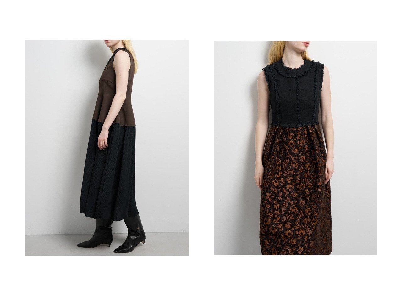 【LANVIN en Bleu/ランバン オン ブルー】のジャガードコンビワンピース&プリーツコンビマットサテンワンピース おすすめ人気トレンドファッション通販アイテム インテリア・キッズ・メンズ・レディースファッション・服の通販 founy(ファニー) 　ファッション　Fashion　レディースファッション　Fashion for Women　ワンピース　Dresses　チュニック　Tunic Tops & Dresses　コクーン　Cocoon, Cocoon Silhouette　サテン　Satin, Glossy Fabric　シェイプ　Shape, Slim Fit　シャドー　Shadow, Subtle Pattern　ストライプ　Stripe, Striped Pattern　ストレッチ　Stretch, Stretchy Fabric　チュニック　Tunic, Long Top　チュール　Tulip, Tulip Motif　ドッキング　Docking, Mixed Material　ドレス　Dress, One-Piece　ファブリック　Fabric, Textile　フォルム　Silhouette, Form　プリーツ　Pleats, Pleated　ミックス　Mix, Mixed Style　ロング　Long, Long-Length　新作・新入荷　New Arrivals / New In　ブラウン系　Brown　ブラック系　Black　|ID:crp329100000221222