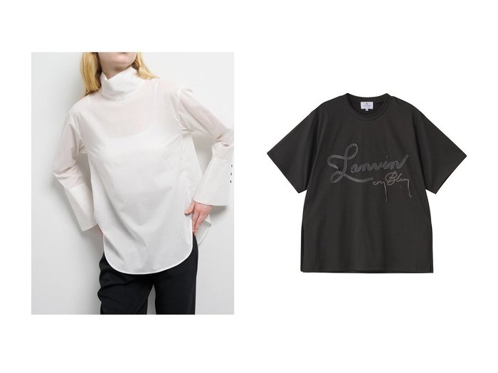 【LANVIN en Bleu/ランバン オン ブルー】のスタンドカラープルオーバーブラウス&グログランテープロゴ刺しゅうTシャツ おすすめ人気トレンドファッション通販アイテム 人気、トレンドファッション・服の通販 founy(ファニー) ファッション Fashion レディースファッション Fashion for Women トップス・カットソー Cut & Sew Tops シャツ・ブラウス・オフィスカジュアル Elegant Blouses & Button-Ups カジュアルプルオーバー・ニットトップス Pullovers & Knit Tops / Casual Pullovers ロングTシャツ・Tシャツ Longline T-Shirts & Tees カットソー・ベーシックTシャツ Cut-and-Sewn Tops / Stretch Tees & Basics インナー Innerwear カフス Cuff Design スタンド Stand Collar, Upright Stand スリーブ Sleeve, Long Sleeve / Short Sleeve ファブリック Fabric, Textile フォーマル Formal, Dressy フレア Flare, Flared ミックス Mix, Mixed Style ロング Long, Long-Length 新作・新入荷 New Arrivals / New In |ID:crp329100000221225