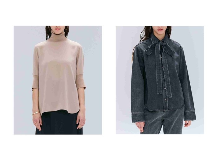 【BEIGE,/ベイジ,】のFLEUR(フルール)/ニットコンビハイネック半袖ブラウス&ボウタイ付きシャツカラーデニムシャツ おすすめ人気トレンドファッション通販アイテム 人気、トレンドファッション・服の通販 founy(ファニー) ファッション Fashion レディースファッション Fashion for Women トップス・カットソー Cut & Sew Tops ニット Knit Tops & Sweaters シャツ・ブラウス・オフィスカジュアル Elegant Blouses & Button-Ups 2025年 2025 2025-2026秋冬・A/W Autumn/Winter 2025–26 AW25–26 とろみ Fluid, Flowy Fabric なめらか Smooth, Silky Texture ショート Short, Short Length スリーブ Sleeve, Long Sleeve / Short Sleeve エレガント 上品 Elegant 半袖 Short Sleeve, Half Sleeve A/W・秋冬 Autumn/Winter |ID:crp329100000221240