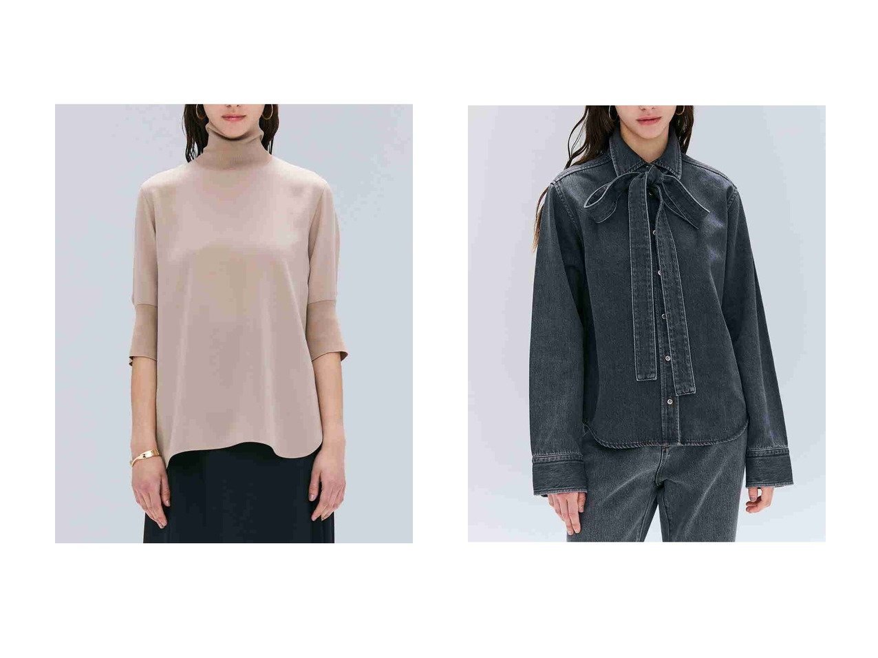 【BEIGE,/ベイジ,】のFLEUR(フルール)/ニットコンビハイネック半袖ブラウス&ボウタイ付きシャツカラーデニムシャツ おすすめ人気トレンドファッション通販アイテム インテリア・キッズ・メンズ・レディースファッション・服の通販 founy(ファニー) 　ファッション　Fashion　レディースファッション　Fashion for Women　トップス・カットソー　Cut & Sew Tops　ニット　Knit Tops & Sweaters　シャツ・ブラウス・オフィスカジュアル　Elegant Blouses & Button-Ups　2025年　2025　2025-2026秋冬・A/W　Autumn/Winter 2025–26 AW25–26　とろみ　Fluid, Flowy Fabric　なめらか　Smooth, Silky Texture　ショート　Short, Short Length　スリーブ　Sleeve, Long Sleeve / Short Sleeve　エレガント 上品　Elegant　半袖　Short Sleeve, Half Sleeve　A/W・秋冬　Autumn/Winter　ブラック系　Black　ベージュ系　Beige　|ID:crp329100000221240