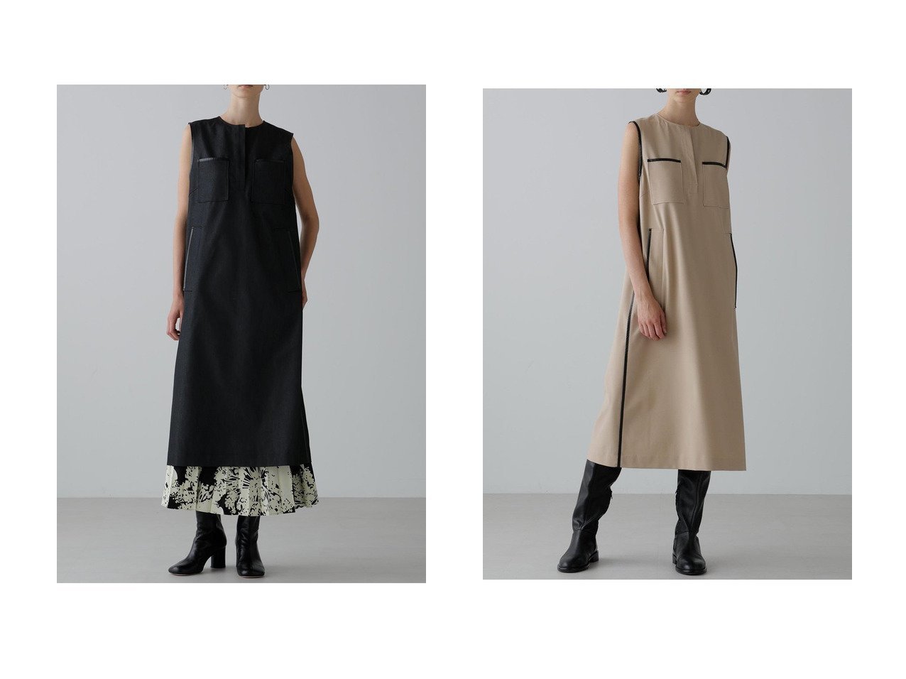 【ADORE/アドーア】の2WAYトロピカルワンピース&デニムライクストレッチワンピース おすすめ人気トレンドファッション通販アイテム インテリア・キッズ・メンズ・レディースファッション・服の通販 founy(ファニー) 　ファッション　Fashion　レディースファッション　Fashion for Women　ワンピース　Dresses　チュニック　Tunic Tops & Dresses　クール　Cool, Chic　チュニック　Tunic, Long Top　デニム　Denim, Jeans Material　ドレス　Dress, One-Piece　パイピング　Piping, Trim Design　ロング　Long, Long-Length　ブラック系　Black　ベージュ系　Beige　|ID:crp329100000221242