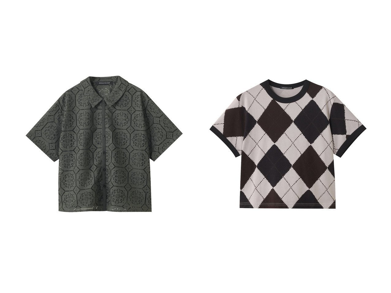 【mizuiro ind/ミズイロ インド】のargyle print T shirt シャツ&tile lace shirt シャツ おすすめ人気トレンドファッション通販アイテム インテリア・キッズ・メンズ・レディースファッション・服の通販 founy(ファニー) 　ファッション　Fashion　レディースファッション　Fashion for Women　トップス・カットソー　Cut & Sew Tops　シャツ・ブラウス・オフィスカジュアル　Elegant Blouses & Button-Ups　ロングTシャツ・Tシャツ　Longline T-Shirts & Tees　カットソー・ベーシックTシャツ　Cut-and-Sewn Tops / Stretch Tees & Basics　2025年　2025　2025-2026秋冬・A/W　Autumn/Winter 2025–26 AW25–26　おすすめ　Recommended / Our Picks　ショート　Short, Short Length　スリーブ　Sleeve, Long Sleeve / Short Sleeve　ベーシック　Basic, Essential　レギュラー　Regular, Standard Fit　レース　Lace, Lace Fabric　エレガント 上品　Elegant　人気　Popular, Best Seller　秋　Autumn　A/W・秋冬　Autumn/Winter　グレー系　Gray　ブラック系　Black　ブラウン系　Brown　|ID:crp329100000221364
