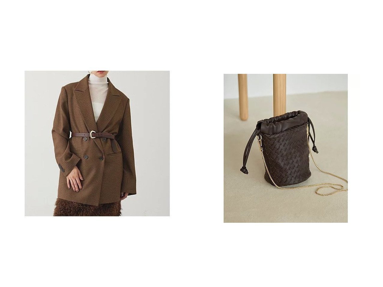 【Whim Gazette/ウィムガゼット】の【INNUE】Drawstring bag&【THE PAUSE】チェックダブルジャケット おすすめ人気トレンドファッション通販アイテム インテリア・キッズ・メンズ・レディースファッション・服の通販 founy(ファニー) 　ファッション　Fashion　レディースファッション　Fashion for Women　アウター　Coat / Outerwear Collection　レディースジャケット・軽アウター　Jackets　バッグ　Bags　ヴィンテージ　Vintage Style　クラシカル　Classical, Vintage-Inspired　クラシック　Classic, Timeless Style　グラデーション　Gradient, Ombre　ジャケット　Jacket, Outerwear　ダブル　Double, Double-Breasted　チェック　Check, Plaid, Tartan　ボックス　Boxy, Box Shape　マニッシュ　Mannish, Boyish　ワーク　Workwear, Utility Style　2025年　2025　2025-2026秋冬・A/W　Autumn/Winter 2025–26 AW25–26　アクセサリー　Fashion Accessories　イタリア　Italy　コレクション　Collection, Seasonal Line　ショルダー　Shoulder, Shoulder Strap　フォルム　Silhouette, Form　エレガント 上品　Elegant　巾着　Drawstring Bag, Kinchaku　ブラウン系　Brown　ホワイト系　White　|ID:crp329100000221412