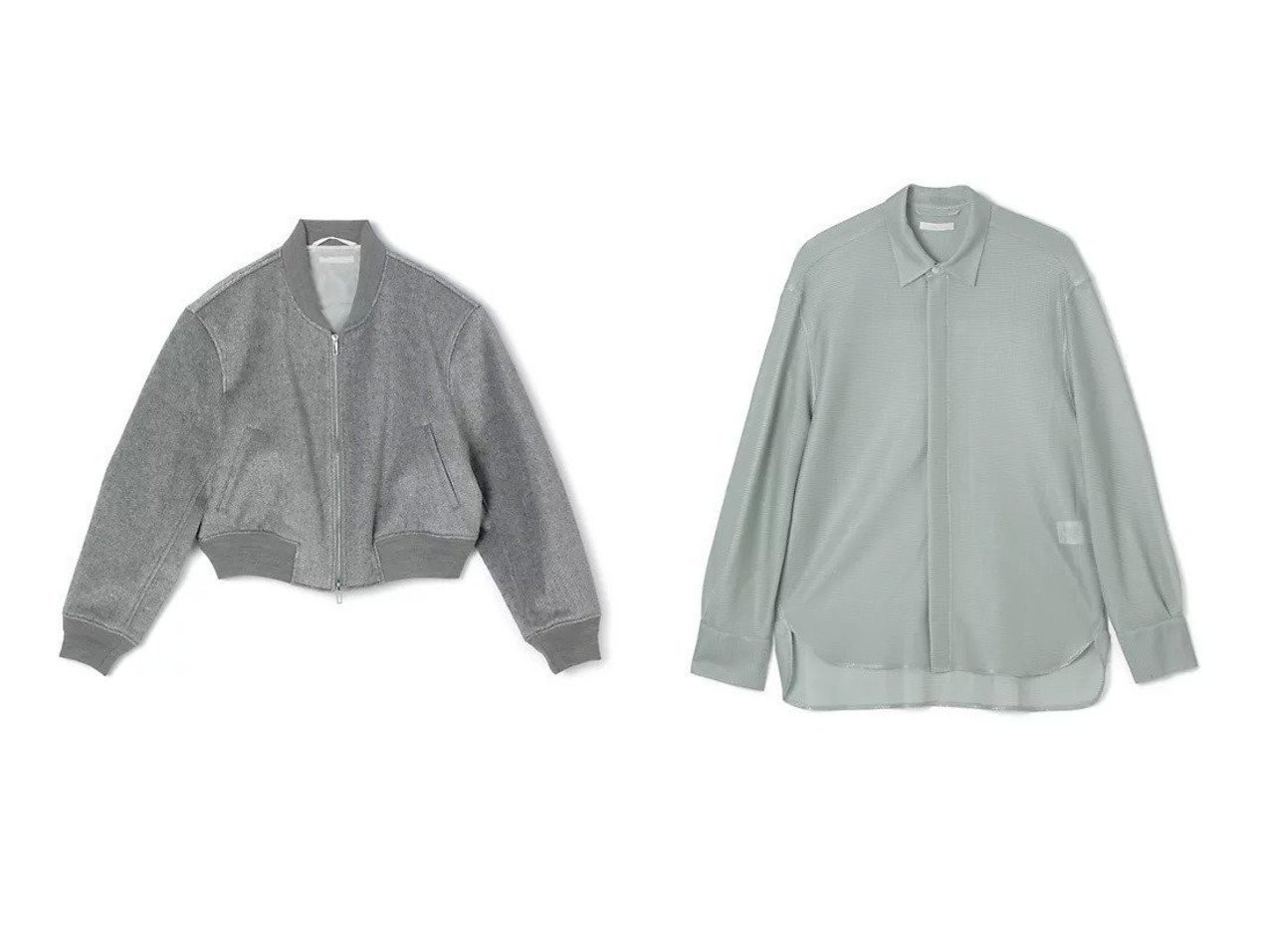 【KANAKO SAKAI/カナコ サカイ】のMETALLIC JERSEY SHIRT&VELVET WOOL MA-1 おすすめ人気トレンドファッション通販アイテム インテリア・キッズ・メンズ・レディースファッション・服の通販 founy(ファニー) 　ファッション　Fashion　レディースファッション　Fashion for Women　アウター　Coat / Outerwear Collection　MA-1ジャケット　MA-1 Bomber Jackets / Flight Jackets　トップス・カットソー　Cut & Sew Tops　シャツ・ブラウス・オフィスカジュアル　Elegant Blouses & Button-Ups　2025年　2025　2025-2026秋冬・A/W　Autumn/Winter 2025–26 AW25–26　クール　Cool, Chic　コンパクト　Compact, Small Size　バランス　Balance, Style Balance　シェイプ　Shape, Slim Fit　シンプル　Simple, Minimal　フロント　Front, Front Design　ラウンド　Round, Round Neck　グレー系　Gray　グリーン系　Green　|ID:crp329100000221491