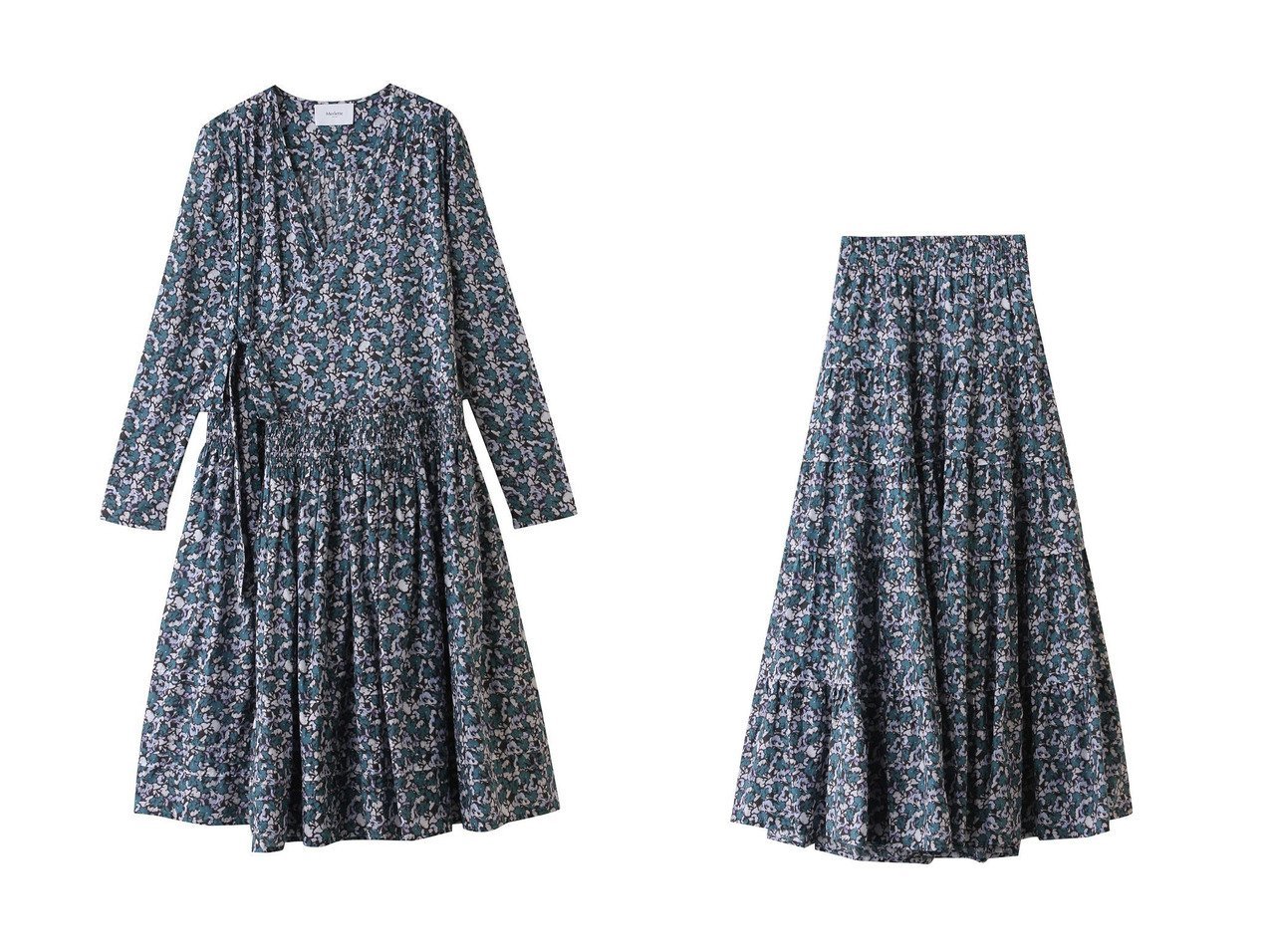 【MERLETTE/マーレット】のLILAS PRINT フラワープリント ローウエスト切替ギャザーラップドレス&HANA PRINT フラワープリント ウエストゴムティアードロングスカート おすすめ人気トレンドファッション通販アイテム インテリア・キッズ・メンズ・レディースファッション・服の通販 founy(ファニー) 　ファッション　Fashion　レディースファッション　Fashion for Women　ワンピース　Dresses　フォーマル・パーティードレス・結婚式用ドレス　Elegant & Casual Dresses　チュニック　Tunic Tops & Dresses　スカート　Skirts　ロングスカート　Long Skirts / Maxi & Midi Skirts　2025年　2025　2025-2026秋冬・A/W　Autumn/Winter 2025–26 AW25–26　ギャザー　Gathered, Ruffled　チュニック　Tunic, Long Top　ドレス　Dress, One-Piece　フラワー　Flower, Floral　プリント　Print, Printed Pattern　ラップ　Wrap, Wrap Design　リボン　Ribbon, Bow　切替　Switching, Contrast Panel　A/W・秋冬　Autumn/Winter　ブルー系　Blue　|ID:crp329100000221504