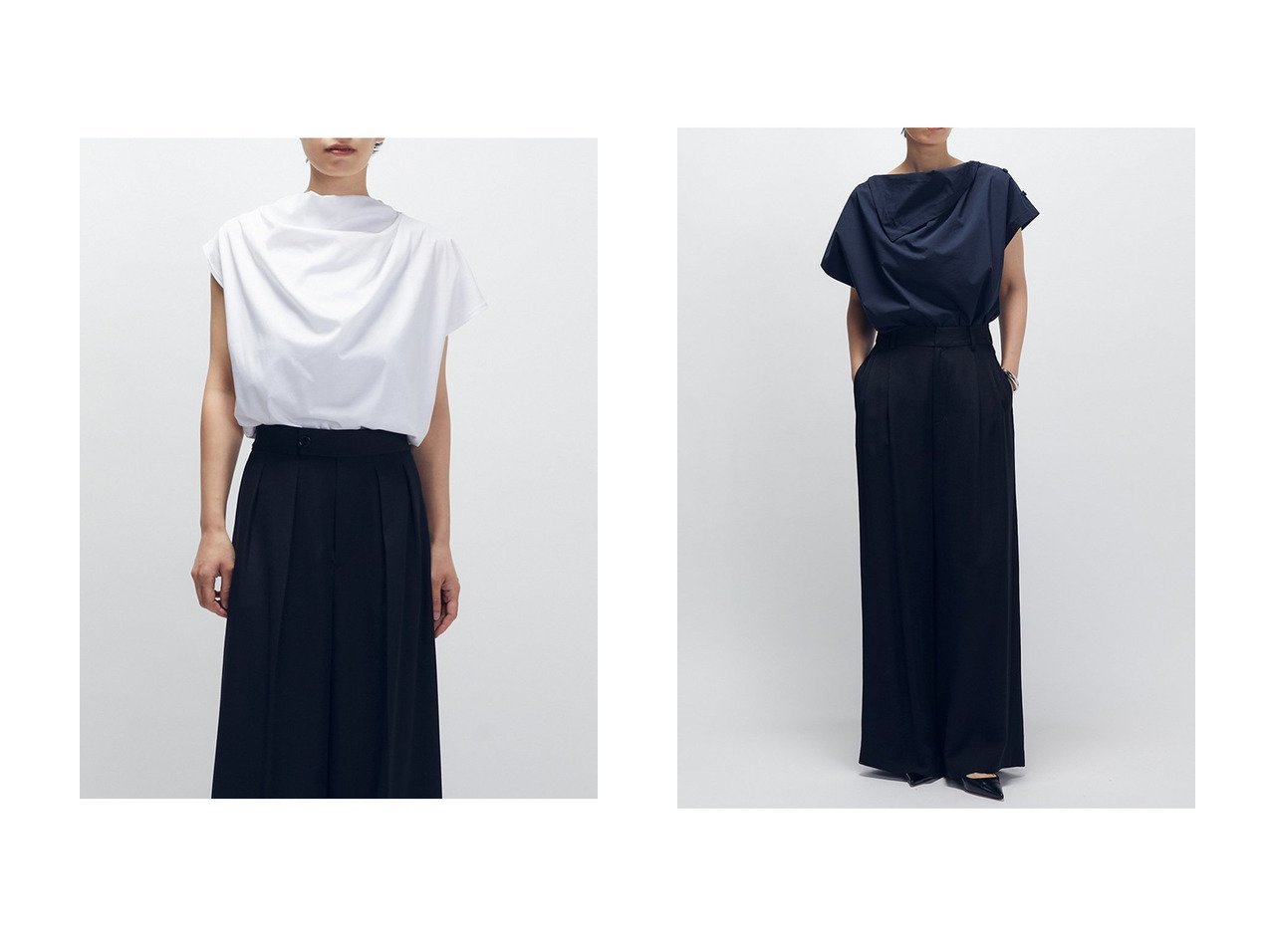 【1er Arrondissement/プルミエ アロンディスモン】のハイゲージコットンドレープT&アセテートツイルワイドパンツ おすすめ人気トレンドファッション通販アイテム インテリア・キッズ・メンズ・レディースファッション・服の通販 founy(ファニー) 　ファッション　Fashion　レディースファッション　Fashion for Women　トップス・カットソー　Cut & Sew Tops　シャツ・ブラウス・オフィスカジュアル　Elegant Blouses & Button-Ups　ロングTシャツ・Tシャツ　Longline T-Shirts & Tees　カットソー・ベーシックTシャツ　Cut-and-Sewn Tops / Stretch Tees & Basics　パンツ　Pants & Trousers　2025年　2025　2025-2026秋冬・A/W　Autumn/Winter 2025–26 AW25–26　なめらか　Smooth, Silky Texture　エレガント 上品　Elegant　カットソー　Cut and Sewn Top　ショート　Short, Short Length　スタンド　Stand Collar, Upright Stand　スリーブ　Sleeve, Long Sleeve / Short Sleeve　ドレープ　Drape, Draping Fabric　A/W・秋冬　Autumn/Winter　ホワイト系　White　グレー系　Gray　ブルー系　Blue　ブラウン系　Brown　ブラック系　Black　|ID:crp329100000221582