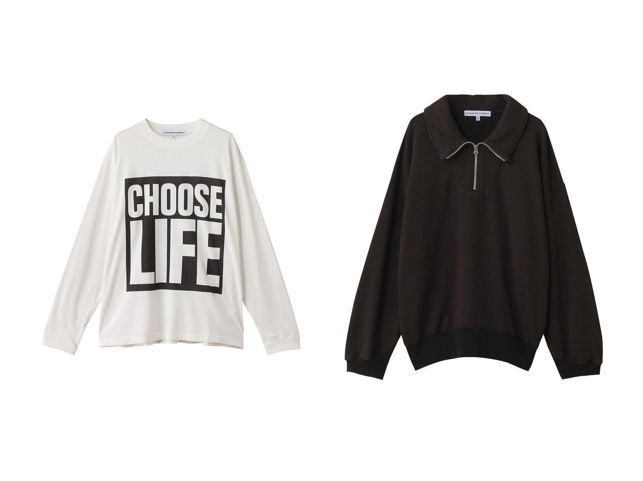 【KATHARINE HAMNETT LONDON/キャサリンハムネット】のガーメントダイ ハーフジップ スウェット プルオーバー&ロングスリーブ スローガンTシャツ おすすめ人気トレンドファッション通販アイテム インテリア・キッズ・メンズ・レディースファッション・服の通販 founy(ファニー) 　ファッション　Fashion　レディースファッション　Fashion for Women　トップス・カットソー　Cut & Sew Tops　シャツ・ブラウス・オフィスカジュアル　Elegant Blouses & Button-Ups　ロングTシャツ・Tシャツ　Longline T-Shirts & Tees　カットソー・ベーシックTシャツ　Cut-and-Sewn Tops / Stretch Tees & Basics　レディースパーカー・カジュアルフーディー　Casual Hoodies & Sweatshirts　カジュアルプルオーバー・ニットトップス　Pullovers & Knit Tops / Casual Pullovers　スウェット・クルーネックトップス　Sweatshirts & Crewnecks / Relaxed Fit Sweat Tops　2025年　2025　2025-2026秋冬・A/W　Autumn/Winter 2025–26 AW25–26　スリーブ　Sleeve, Long Sleeve / Short Sleeve　ボトム　Bottoms, Lower Wear　ロング　Long, Long-Length　A/W・秋冬　Autumn/Winter　ホワイト系　White　ブラウン系　Brown　ブルー系　Blue　|ID:crp329100000221587
