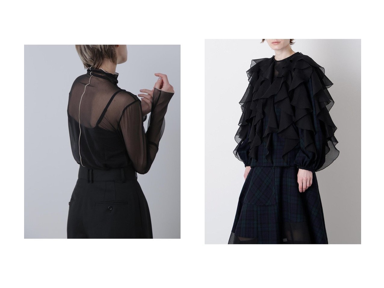 【hueLe Museum/ヒューエルミュージアム】の【STUMBLY】Sheer Jersey&【STUMBLY】Sheer Combination Pattern Blouse おすすめ人気トレンドファッション通販アイテム インテリア・キッズ・メンズ・レディースファッション・服の通販 founy(ファニー) 　ファッション　Fashion　レディースファッション　Fashion for Women　トップス・カットソー　Cut & Sew Tops　シャツ・ブラウス・オフィスカジュアル　Elegant Blouses & Button-Ups　ロングTシャツ・Tシャツ　Longline T-Shirts & Tees　カットソー・ベーシックTシャツ　Cut-and-Sewn Tops / Stretch Tees & Basics　2025年　2025　2025-2026秋冬・A/W　Autumn/Winter 2025–26 AW25–26　カットソー　Cut and Sewn Top　シアー　Sheer, See-Through　スリーブ　Sleeve, Long Sleeve / Short Sleeve　センター　Center, Center Line　ハイネック　High Neck, Mock Neck　バランス　Balance, Style Balance　ロング　Long, Long-Length　再入荷　Restock / Back in Stock　A/W・秋冬　Autumn/Winter　オーガンジー　Organza Fabric　チェック　Check, Plaid, Tartan　プリント　Print, Printed Pattern　ラッフル　Ruffle, Frill　エレガント 上品　Elegant　無地　Plain, Solid Color　軽量　Lightweight, Ultra Light　ブラック系　Black　ホワイト系　White　グリーン系　Green　|ID:crp329100000221684