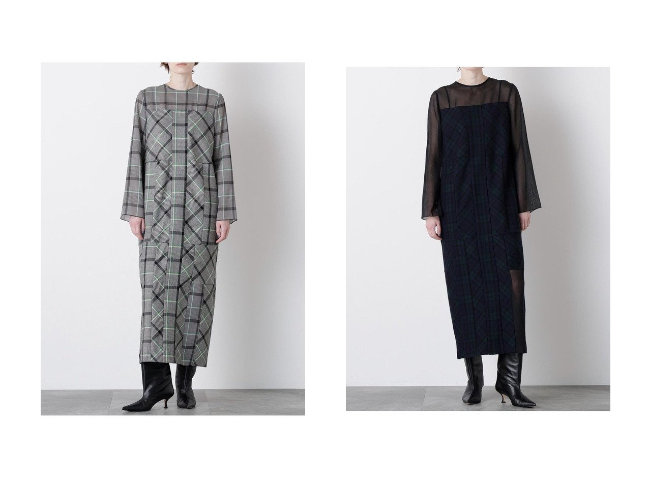 【hueLe Museum/ヒューエルミュージアム】の【STUMBLY】Sheer Combination Pattern Dress おすすめ人気トレンドファッション通販アイテム インテリア・キッズ・メンズ・レディースファッション・服の通販 founy(ファニー) 　ファッション　Fashion　レディースファッション　Fashion for Women　ワンピース　Dresses　フォーマル・パーティードレス・結婚式用ドレス　Elegant & Casual Dresses　チュニック　Tunic Tops & Dresses　2025年　2025　2025-2026秋冬・A/W　Autumn/Winter 2025–26 AW25–26　チェック　Check, Plaid, Tartan　チュニック　Tunic, Long Top　ドレス　Dress, One-Piece　パッチワーク　Patchwork, Mixed Fabric　プリント　Print, Printed Pattern　ランダム　Random, Irregular　ロング　Long, Long-Length　無地　Plain, Solid Color　A/W・秋冬　Autumn/Winter　ホワイト系　White　グリーン系　Green　|ID:crp329100000221685