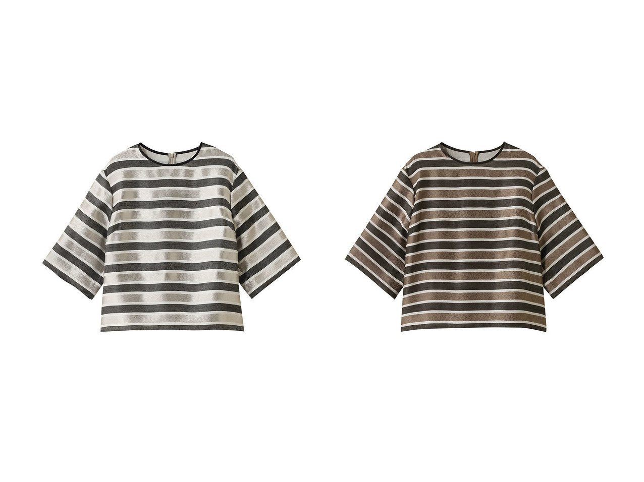 【heliopole/エリオポール】のグリッターストライプTEEブラウス おすすめ人気トレンドファッション通販アイテム インテリア・キッズ・メンズ・レディースファッション・服の通販 founy(ファニー) 　ファッション　Fashion　レディースファッション　Fashion for Women　トップス・カットソー　Cut & Sew Tops　シャツ・ブラウス・オフィスカジュアル　Elegant Blouses & Button-Ups　2025年　2025　2025-2026秋冬・A/W　Autumn/Winter 2025–26 AW25–26　サテン　Satin, Glossy Fabric　ショート　Short, Short Length　スリーブ　Sleeve, Long Sleeve / Short Sleeve　ボーダー　Border, Stripe　リュクス　Luxury, Elegant, High-End, Chic　定番　Standard, Basic Item　A/W・秋冬　Autumn/Winter　ベージュ系　Beige　ブラウン系　Brown　|ID:crp329100000221765