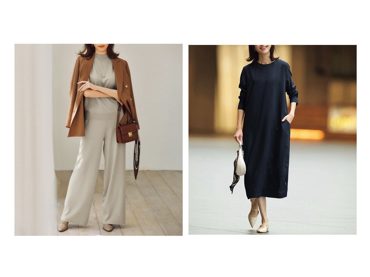 【DoCLASSE/ドゥクラッセ】のフレンチ袖ニット&times;パンツセットアップ&ジョーゼット・裾ボタンサックワンピベルト付 おすすめ人気トレンドファッション通販アイテム インテリア・キッズ・メンズ・レディースファッション・服の通販 founy(ファニー) 　ファッション　Fashion　レディースファッション　Fashion for Women　セットアップ　Matching Sets　レディースパンツ・ボトムス　Pants & Trousers / Bottoms　ワンピース　Dresses　ベルト&ウエストマーク　Belts & Waist Accessories　新作・新入荷　New Arrivals / New In　セットアップ　Set-Up, Coordinated Outfit　ハイネック　High Neck, Mock Neck　フレンチ　French, French Style　リラックス　Relax, Relaxed Fit　ワイド　Wide, Wide Fit　エレガント 上品　Elegant　グレー系　Gray　ブラック系　Black　ブルー系　Blue　|ID:crp329100000221859