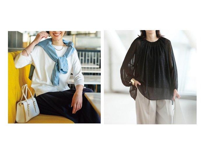 【DoCLASSE/ドゥクラッセ】のラメカットジャカード・ギャザーブラウス&高密度シルコットン・7分袖Tシャツ/52cm丈 おすすめ人気トレンドファッション通販アイテム 人気、トレンドファッション・服の通販 founy(ファニー) ファッション Fashion レディースファッション Fashion for Women トップス・カットソー Cut & Sew Tops シャツ・ブラウス・オフィスカジュアル Elegant Blouses & Button-Ups ロングTシャツ・Tシャツ Longline T-Shirts & Tees カットソー・ベーシックTシャツ Cut-and-Sewn Tops / Stretch Tees & Basics 新作・新入荷 New Arrivals / New In おすすめ Recommended / Our Picks なめらか Smooth, Silky Texture カットソー Cut and Sewn Top シルケット Silket, Silky Cotton シンプル Simple, Minimal バランス Balance, Style Balance フォルム Silhouette, Form ロング Long, Long-Length ワイド Wide, Wide Fit ギャザー Gathered, Ruffled シアー Sheer, See-Through ジャカード／ジャガード Jacquard, Woven Pattern エレガント 上品 Elegant |ID:crp329100000221860
