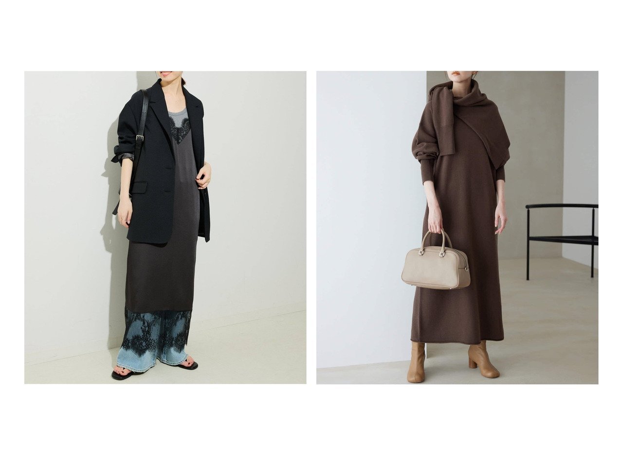 【SLOBE IENA/スローブ イエナ】の《WEB限定/ 》ウォッシャブルスムース ニットワンピース&《WEB限定/ 》レースサテンワンピース おすすめ人気トレンドファッション通販アイテム インテリア・キッズ・メンズ・レディースファッション・服の通販 founy(ファニー) 　ファッション　Fashion　レディースファッション　Fashion for Women　ワンピース　Dresses　ニットワンピース　Knit Dresses　2025年　2025　2025-2026秋冬・A/W　Autumn/Winter 2025–26 AW25–26　ブラック系　Black　|ID:crp329100000222202