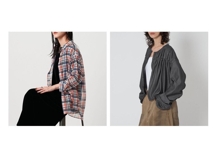 【UNITED ARROWS/ユナイテッドアローズ】のASTRAET デニムライク ギャザー ノーカラーブラウス&オーガンジー プリント シャツ -ウォッシャブル- おすすめ人気トレンドファッション通販アイテム 人気、トレンドファッション・服の通販 founy(ファニー) 　ファッション　Fashion　レディースファッション　Fashion for Women　トップス・カットソー　Cut & Sew Tops　シャツ・ブラウス・オフィスカジュアル　Elegant Blouses & Button-Ups　おすすめ　Recommended / Our Picks　インナー　Innerwear　ウォッシャブル　Machine Washable　オーガンジー　Organza Fabric　シアー　Sheer, See-Through　タンク　Tank Top, Sleeveless Top　チェック　Check, Plaid, Tartan　バンダナ　Bandana, Head Scarf　プリント　Print, Printed Pattern　別注　Limited Edition, Custom Order　定番　Standard, Basic Item　A/W・秋冬　Autumn/Winter　インディゴ　Indigo Denim　ギャザー　Gathered, Ruffled　ショルダー　Shoulder, Shoulder Strap　ドロップ　Drop Shoulder, Dropped Style　ワイド　Wide, Wide Fit　|ID:crp329100000222440
