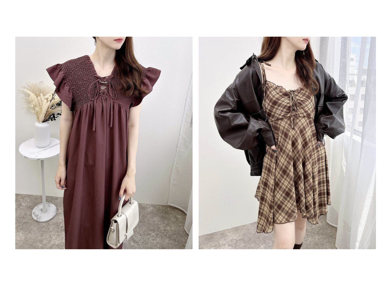 【INGNI/イング】の前後2WayシャーリングOP&シアーチェックイレヘムチュニックOP おすすめ人気トレンドファッション通販アイテム インテリア・キッズ・メンズ・レディースファッション・服の通販 founy(ファニー) 　ファッション　Fashion　レディースファッション　Fashion for Women　トップス・カットソー　Cut & Sew Tops　ワンピース　Dresses　チュニック　Tunic Tops & Dresses　イレヘム　Irregular Hemline　インナー　Innerwear　シアー　Sheer, See-Through　スマホ　Smartphone, Mobile Device　チェック　Check, Plaid, Tartan　フェミニン　Feminine, Girly　フリル　Frill, Ruffle　リボン　Ribbon, Bow　ギャザー　Gathered, Ruffled　シャーリング　Shirring, Ruched　ショルダー　Shoulder, Shoulder Strap　フロント　Front, Front Design　レース　Lace, Lace Fabric　ロング　Long, Long-Length　ブラウン系　Brown　|ID:crp329100000222485