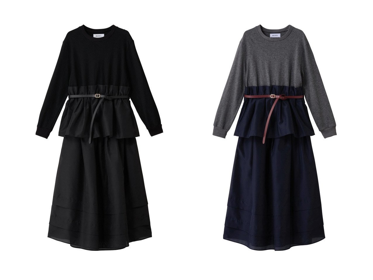 【MUVEIL/ミュベール】の2WAYニットセットアップワンピース おすすめ人気トレンドファッション通販アイテム インテリア・キッズ・メンズ・レディースファッション・服の通販 founy(ファニー) 　ファッション　Fashion　レディースファッション　Fashion for Women　ワンピース　Dresses　チュニック　Tunic Tops & Dresses　おすすめ　Recommended / Our Picks　オーガンジー　Organza Fabric　カットソー　Cut and Sewn Top　セットアップ　Set-Up, Coordinated Outfit　チュニック　Tunic, Long Top　ペプラム　Peplum, Flared Hem　ロング　Long, Long-Length　新作・新入荷　New Arrivals / New In　ブラック系　Black　グレー系　Gray　|ID:crp329100000222604