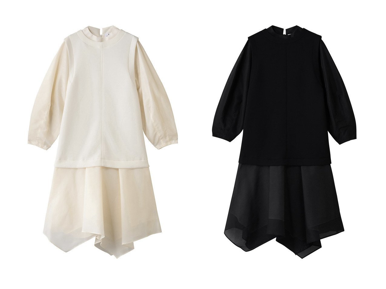 【LANVIN en Bleu/ランバン オン ブルー】のダンボールコンビワンピース おすすめ人気トレンドファッション通販アイテム インテリア・キッズ・メンズ・レディースファッション・服の通販 founy(ファニー) 　ファッション　Fashion　レディースファッション　Fashion for Women　ワンピース　Dresses　チュニック　Tunic Tops & Dresses　なめらか　Smooth, Silky Texture　オーガンジー　Organza Fabric　チュニック　Tunic, Long Top　フェミニン　Feminine, Girly　ミックス　Mix, Mixed Style　ロング　Long, Long-Length　エレガント 上品　Elegant　新作・新入荷　New Arrivals / New In　ブラック系　Black　|ID:crp329100000222635