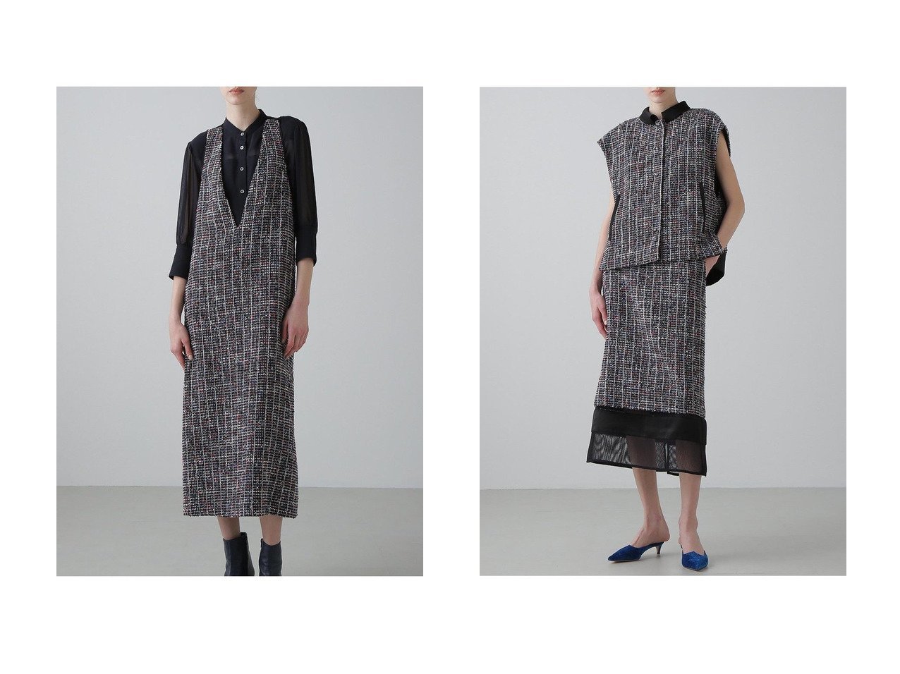 【ADORE/アドーア】のトリコロールツィードジャケット&トリコロールツィードワンピース おすすめ人気トレンドファッション通販アイテム インテリア・キッズ・メンズ・レディースファッション・服の通販 founy(ファニー) 　ファッション　Fashion　レディースファッション　Fashion for Women　ワンピース　Dresses　チュニック　Tunic Tops & Dresses　アウター　Coat / Outerwear Collection　レディースジャケット・軽アウター　Jackets　サテン　Satin, Glossy Fabric　ストレート　Straight, Straight Cut　チュニック　Tunic, Long Top　ツイード／ツィード　Choker, Choker Necklace　ロング　Long, Long-Length　再入荷　Restock / Back in Stock　ブルー系　Blue　|ID:crp329100000222649