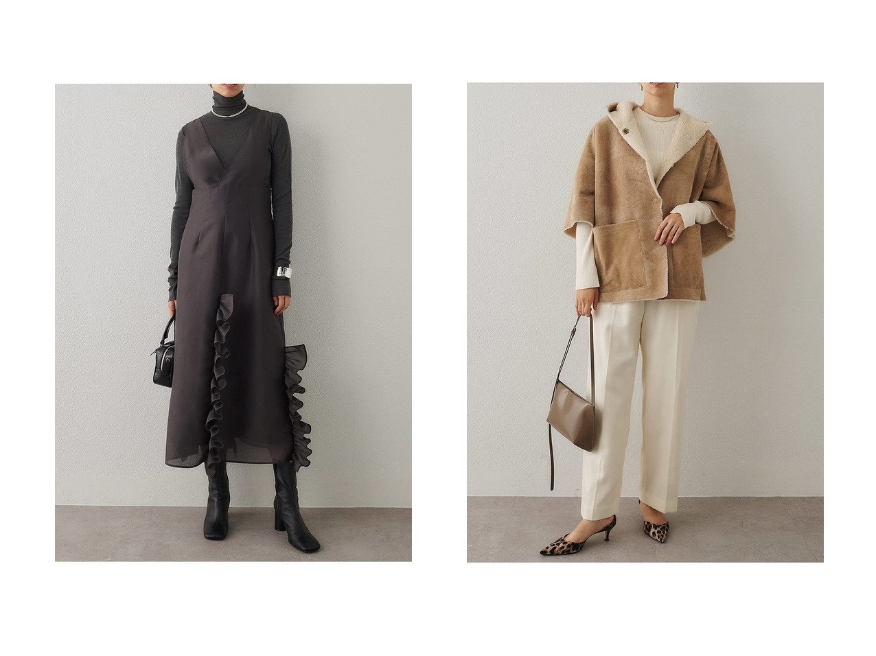 【Whim Gazette/ウィムガゼット】のフリルオーガンジーワンピース&ムートンポンチョ おすすめ人気トレンドファッション通販アイテム インテリア・キッズ・メンズ・レディースファッション・服の通販 founy(ファニー) 　ファッション　Fashion　レディースファッション　Fashion for Women　ワンピース　Dresses　チュニック　Tunic Tops & Dresses　アウター　Coat / Outerwear Collection　コート・ロングコート・ピーコート　Long Coats, Peacoats & More　ポンチョ・ケープコート　Ponchos & Capes　おすすめ　Recommended / Our Picks　オーガンジー　Organza Fabric　チュニック　Tunic, Long Top　フリル　Frill, Ruffle　ロング　Long, Long-Length　新作・新入荷　New Arrivals / New In　A/W・秋冬　Autumn/Winter　ショート　Short, Short Length　ストレート　Straight, Straight Cut　ポンチョ　Poncho, Cape Style　ムートン　Shearling, Mouton　グレー系　Gray　ベージュ系　Beige　|ID:crp329100000222709