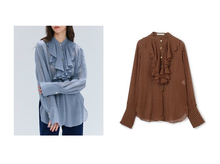 【BEIGE,/ベイジ,】のCALLERRY(カラリー)/シルク混ドットラッフルブラウス おすすめ人気トレンドファッション通販アイテム 人気、トレンドファッション・服の通販 founy(ファニー) 　ファッション　Fashion　レディースファッション　Fashion for Women　トップス・カットソー　Cut & Sew Tops　シャツ・ブラウス・オフィスカジュアル　Elegant Blouses & Button-Ups　インナー　Innerwear　エアリー　Airy Texture　クラシカル　Classical, Vintage-Inspired　シルク　Silk, 100% Silk　ジャケット　Jacket, Outerwear　スリーブ　Sleeve, Long Sleeve / Short Sleeve　ドット　Polka Dot, Dot Pattern　フェミニン　Feminine, Girly　ロング　Long, Long-Length　新作・新入荷　New Arrivals / New In　|ID:crp329100000222763