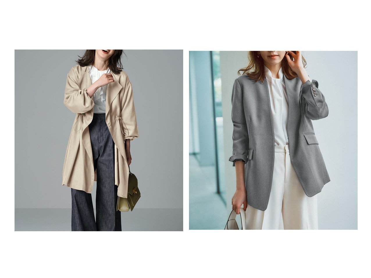 【DoCLASSE/ドゥクラッセ】のノーカラー・ドロストギャザーコート&グラシエツイル・ノーカラージャケット おすすめ人気トレンドファッション通販アイテム インテリア・キッズ・メンズ・レディースファッション・服の通販 founy(ファニー) 　ファッション　Fashion　レディースファッション　Fashion for Women　アウター　Coat / Outerwear Collection　コート・ロングコート・ピーコート　Long Coats, Peacoats & More　レディースジャケット・軽アウター　Jackets　ノーカラージャケット / シンプル上品コーデ　Collarless Jackets　新作・新入荷　New Arrivals / New In　なめらか　Smooth, Silky Texture　ギャザー　Gathered, Ruffled　スピンドル　Spindle, Drawcord　スリーブ　Sleeve, Long Sleeve / Short Sleeve　ツイル　Twist, Twisted Detail　フィット　Fit, Slim Fit　フレア　Flare, Flared　オケージョン　Occasion Wear　ジャケット　Jacket, Outerwear　セットアップ　Set-Up, Coordinated Outfit　ビジネス 仕事 通勤　Business / Work / Commuting　洗える　Machine Washable　ブルー系　Blue　|ID:crp329100000222777
