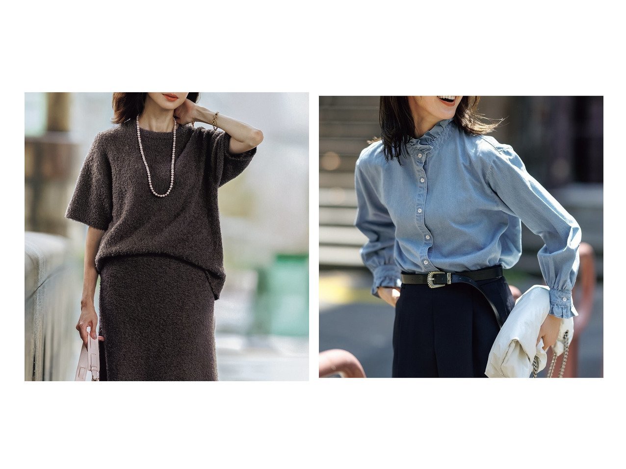 【DoCLASSE/ドゥクラッセ】のブークレニット・ハーフスリーブトップス&ドレープデニム・フリルスタンドカラーブラウス おすすめ人気トレンドファッション通販アイテム インテリア・キッズ・メンズ・レディースファッション・服の通販 founy(ファニー) 　ファッション　Fashion　レディースファッション　Fashion for Women　ワンピース　Dresses　セットアップ　Matching Sets　レディーストップス・ブラウス　Tops & Blouses / Assorted Women's Tops　トップス・カットソー　Cut & Sew Tops　シャツ・ブラウス・オフィスカジュアル　Elegant Blouses & Button-Ups　新作・新入荷　New Arrivals / New In　セットアップ　Set-Up, Coordinated Outfit　デニム　Denim, Jeans Material　フォルム　Silhouette, Form　モダン　Modern, Contemporary　スタンド　Stand Collar, Upright Stand　フェミニン　Feminine, Girly　フリル　Frill, Ruffle　ブラック系　Black　|ID:crp329100000222778