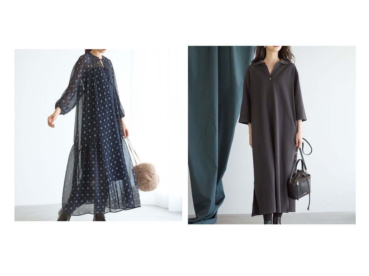 【NIJYUSANKU/23区】のクレープ フラワープリント ワンピース&ライトダンボール スキッパー ワンピース おすすめ人気トレンドファッション通販アイテム インテリア・キッズ・メンズ・レディースファッション・服の通販 founy(ファニー) 　ファッション　Fashion　レディースファッション　Fashion for Women　ワンピース　Dresses　インド　Indian Textile　秋　Autumn　ギャザー　Gathered, Ruffled　デニム　Denim, Jeans Material　ハンド　Hand, Handmade　フラワー　Flower, Floral　フリル　Frill, Ruffle　ブロック　Block, Solid Block Pattern　プリント　Print, Printed Pattern　ボトム　Bottoms, Lower Wear　マキシ　Maxi, Full Length　A/W・秋冬　Autumn/Winter　新作・新入荷　New Arrivals / New In　おすすめ　Recommended / Our Picks　2025年　2025　2025-2026秋冬・A/W　Autumn/Winter 2025–26 AW25–26　ブルー系　Blue　|ID:crp329100000222882