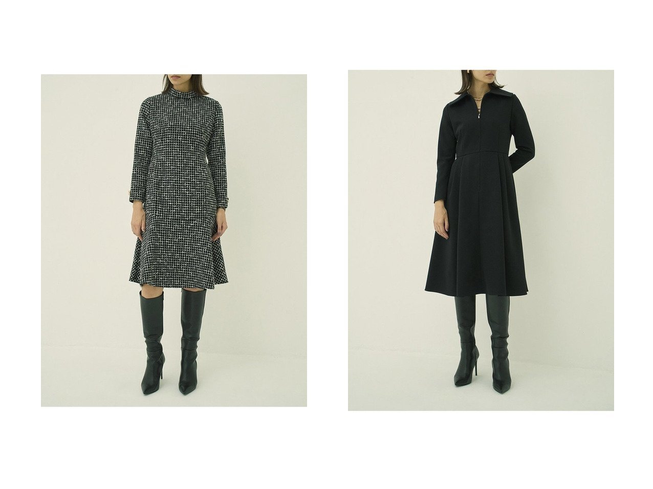 【MW/エムダブリュー】のトリアセテート(H) ビッグカラー ドレス&MONOTONE チェック ツイード スタンドカラー フレア ドレス おすすめ人気トレンドファッション通販アイテム インテリア・キッズ・メンズ・レディースファッション・服の通販 founy(ファニー) 　ファッション　Fashion　レディースファッション　Fashion for Women　ワンピース　Dresses　フォーマル・パーティードレス・結婚式用ドレス　Elegant & Casual Dresses　チュニック　Tunic Tops & Dresses　オケージョン　Occasion Wear　クラシカル　Classical, Vintage-Inspired　スタンド　Stand Collar, Upright Stand　チェック　Check, Plaid, Tartan　チュニック　Tunic, Long Top　ツイード　Twill, Twill Weave　ドレス　Dress, One-Piece　バランス　Balance, Style Balance　パーティ　Party, Party Style　フレア　Flare, Flared　モノトーン　Monotone, Black and White　ロング　Long, Long-Length　新作・新入荷　New Arrivals / New In　ブラック系　Black　|ID:crp329100000222945