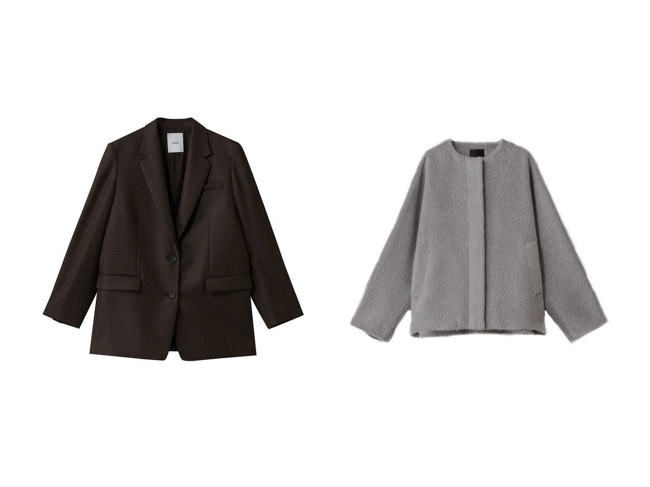 【ebure/エブール】のアルパカシャギー ノーカラーショートコート&ハウンドトゥース 2釦シングルジャケット おすすめ人気トレンドファッション通販アイテム インテリア・キッズ・メンズ・レディースファッション・服の通販 founy(ファニー) 　ファッション　Fashion　レディースファッション　Fashion for Women　アウター　Coat / Outerwear Collection　レディースジャケット・軽アウター　Jackets　コート・ロングコート・ピーコート　Long Coats, Peacoats & More　イタリア　Italy　ジャケット　Jacket, Outerwear　ツイード　Twill, Twill Weave　ハウンドトゥース　Houndstooth, Dogtooth Check　ブローチ　Brooch, Pin Brooch　新作・新入荷　New Arrivals / New In　ブラウン系　Brown　グレー系　Gray　ブルー系　Blue　ベージュ系　Beige　|ID:crp329100000222954