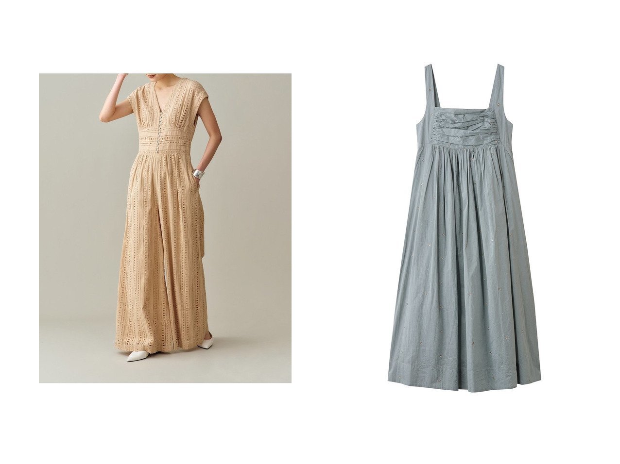 【NE QUITTEZ PAS/ヌキテパ】のCOTTON ORGANZA エンブロイダリー スリーブレス ドレス&STRIPE CUTWORK オールインワン 秋冬におすすめ！トレンド、レディースファッションの通販 おすすめ人気トレンドファッション通販アイテム インテリア・キッズ・メンズ・レディースファッション・服の通販 founy(ファニー) 　ファッション　Fashion　レディースファッション　Fashion for Women　パンツ　Pants & Trousers　ワンピース　Dresses　フォーマル・パーティードレス・結婚式用ドレス　Elegant & Casual Dresses　チュニック　Tunic Tops & Dresses　ギャザー　Gathered, Ruffled　ストライプ　Stripe, Striped Pattern　フロント　Front, Front Design　ワーク　Workwear, Utility Style　エレガント 上品　Elegant　新作・新入荷　New Arrivals / New In　ベージュ系　Beige　ブラック系　Black　ブルー系　Blue　|ID:crp329100000223001