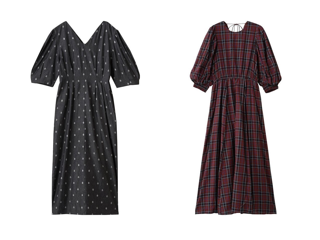 【NE QUITTEZ PAS/ヌキテパ】のDENIM FOIL PRINTハーフ スリーブ ドレス&COTTON VOILE チェック ボリューム スリーブ ドレス 秋冬におすすめ！トレンド、レディースファッションの通販 おすすめ人気トレンドファッション通販アイテム インテリア・キッズ・メンズ・レディースファッション・服の通販 founy(ファニー) 　ファッション　Fashion　レディースファッション　Fashion for Women　ワンピース　Dresses　フォーマル・パーティードレス・結婚式用ドレス　Elegant & Casual Dresses　チュニック　Tunic Tops & Dresses　シャンブレー　Chambray, Denim-Like Fabric　シルバー　Silver, Metallic Silver　スリーブ　Sleeve, Long Sleeve / Short Sleeve　チュニック　Tunic, Long Top　デコルテ　Décolleté, Neckline　デニム　Denim, Jeans Material　ドレス　Dress, One-Piece　ハーフ　Half, Half-Length　プリント　Print, Printed Pattern　ロング　Long, Long-Length　エレガント 上品　Elegant　新作・新入荷　New Arrivals / New In　ブラック系　Black　オレンジ系　Orange　グリーン系　Green　|ID:crp329100000223002
